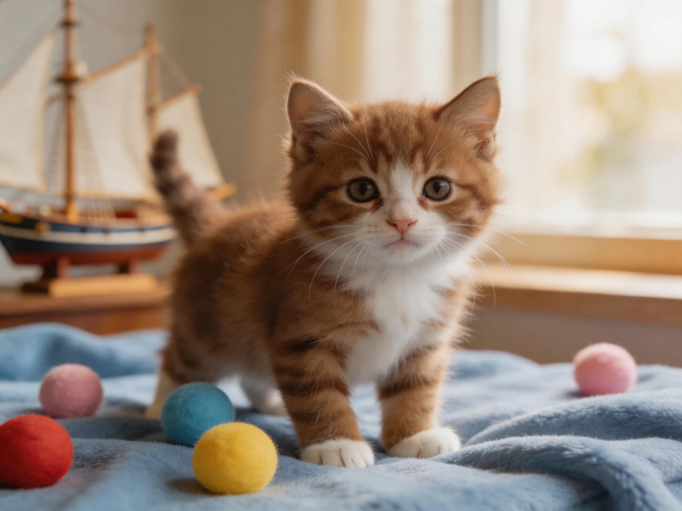 A small brown and white kitten explores a blue blanket with colorful felt balls nearby.