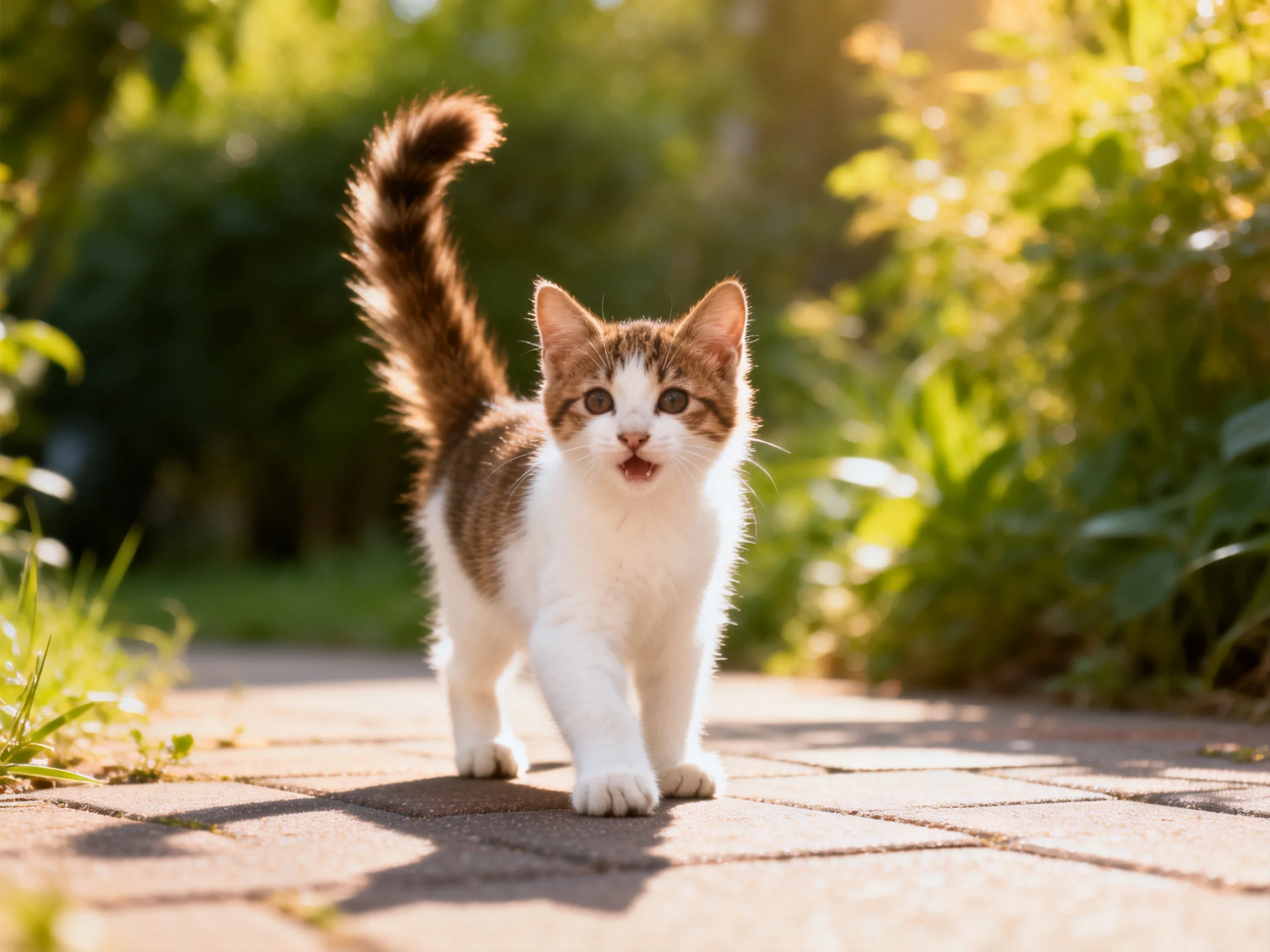 A brown and white kitten walking on a sunlit brick path surrounded by greenery