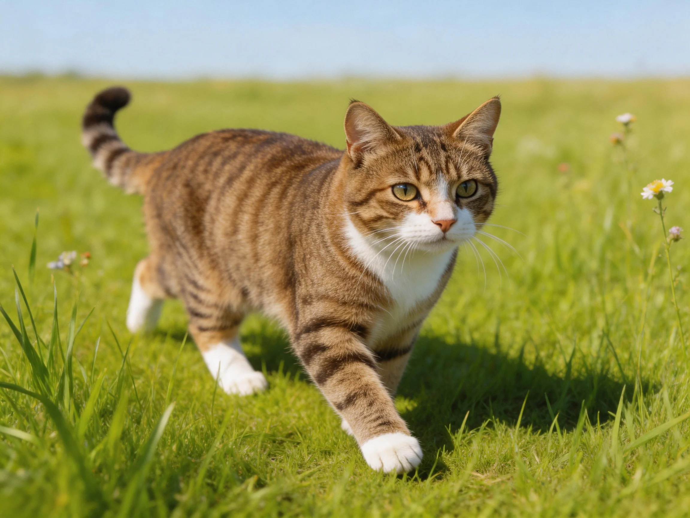 A tabby cat explores a field of green grass.