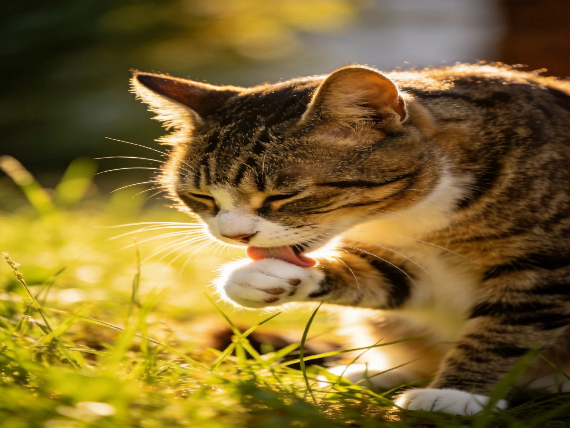 A brown and white tabby cat grooms itself amid sunlit grass