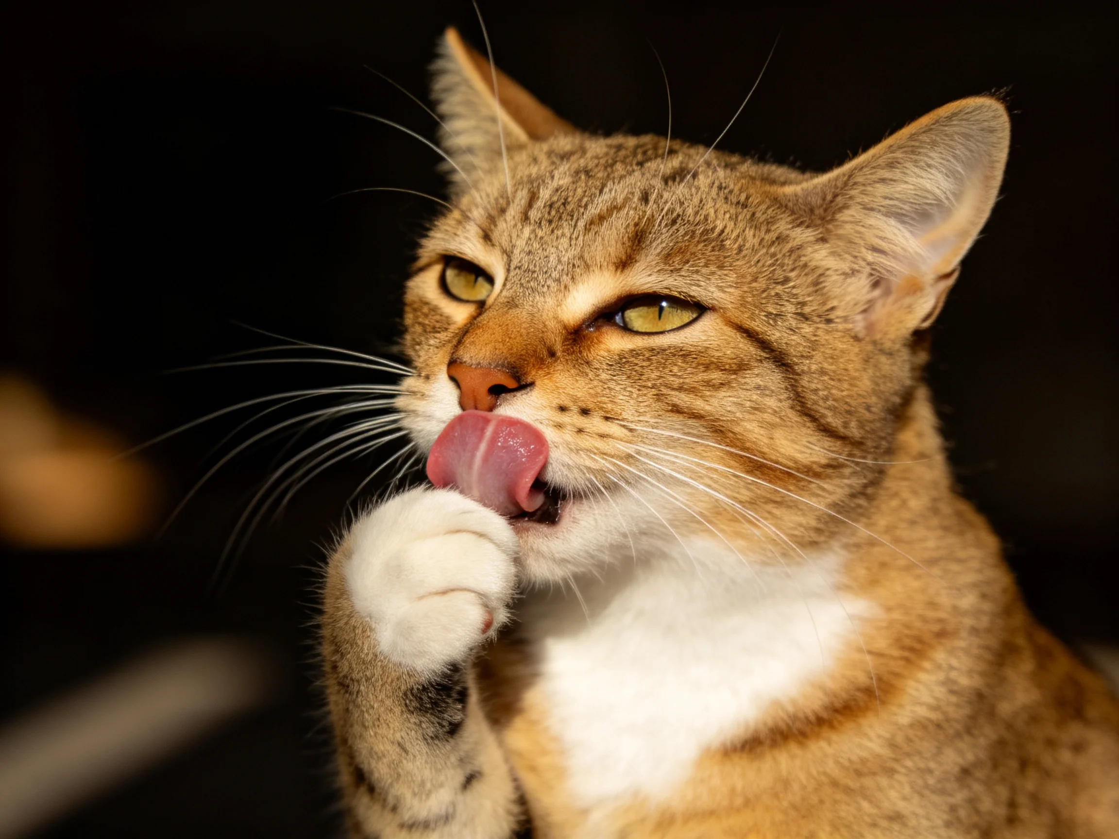 A brown and white tabby cat grooms itself with focused attention