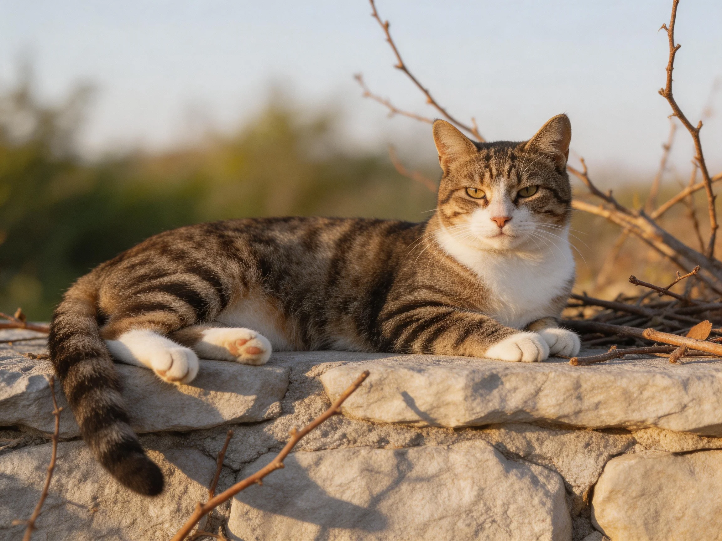 A brown and white tabby cat lounges on a stone wall near dry branches