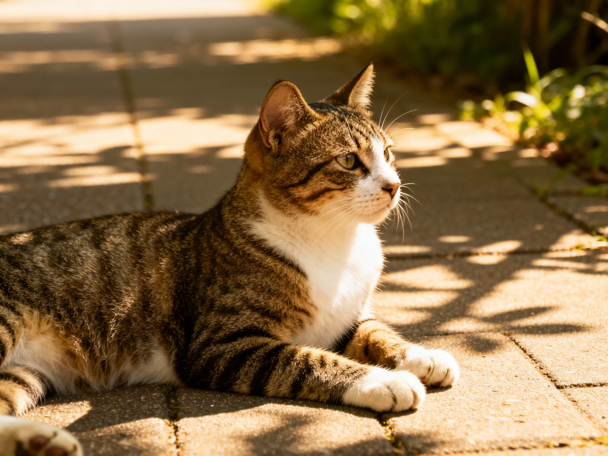 A brown and white tabby cat lounges on a sun-dappled brick pavement