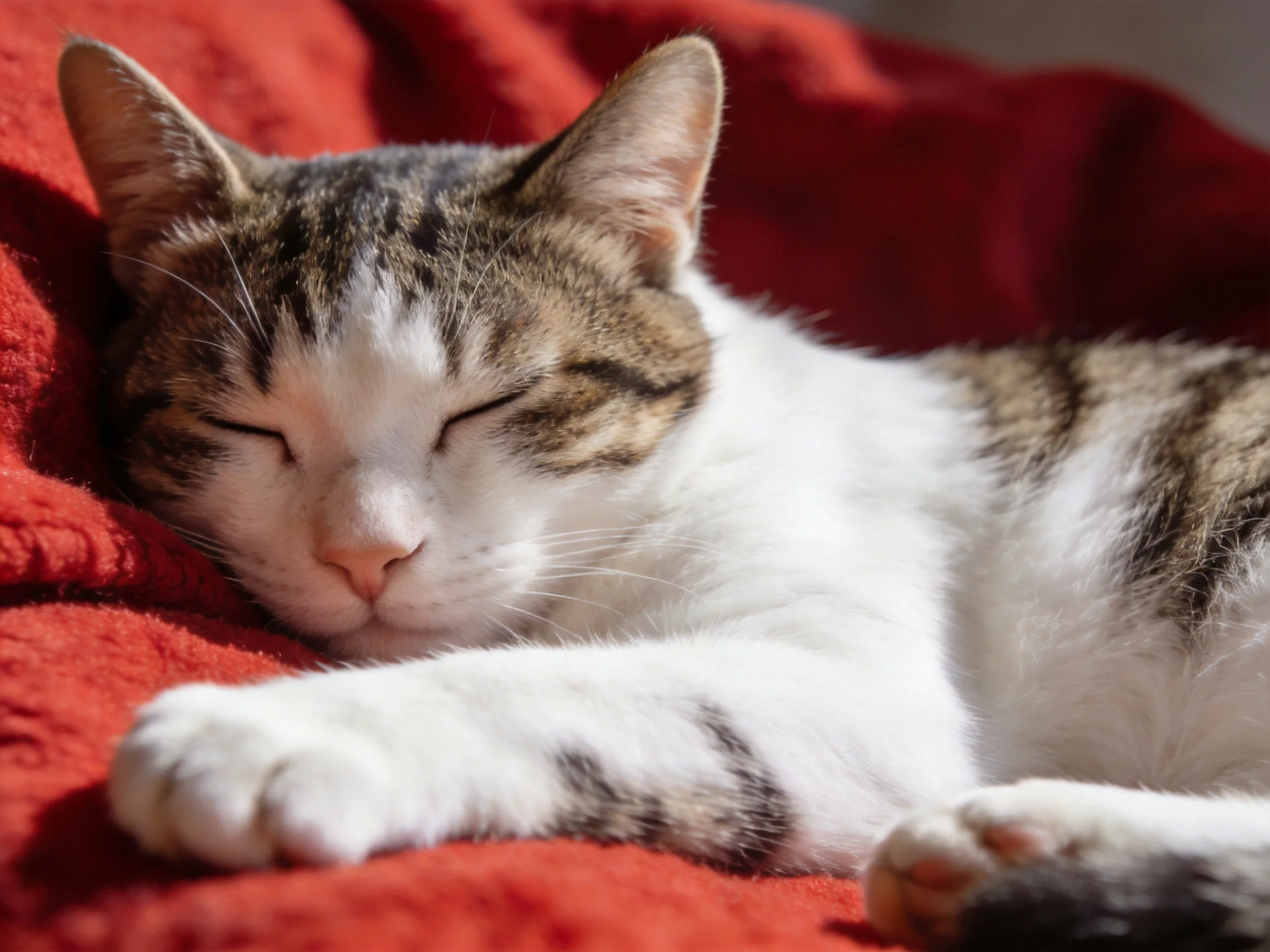 A brown and white tabby cat naps on a bright red blanket