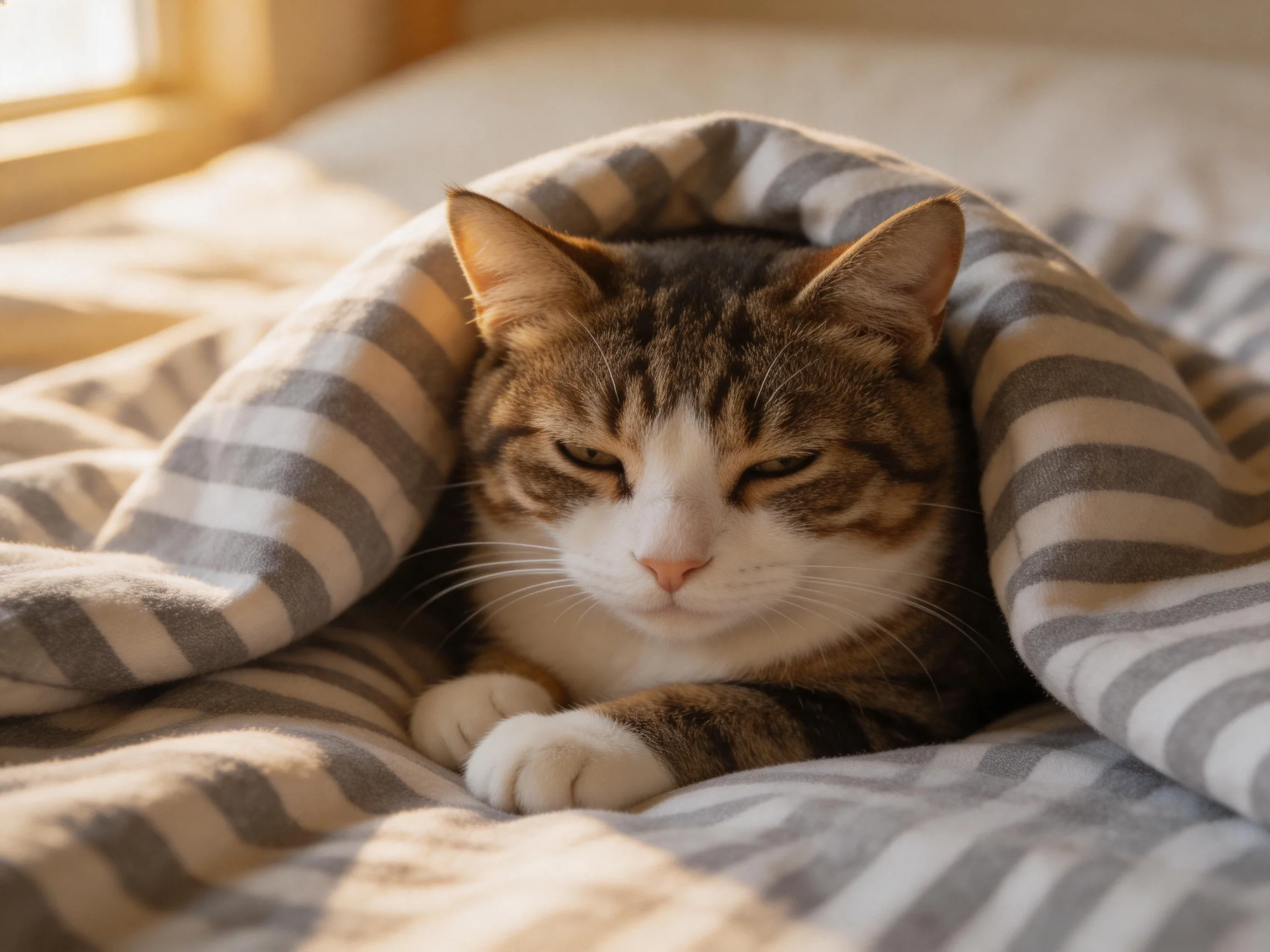 A brown and white tabby cat nestled in a gray and beige striped blanket