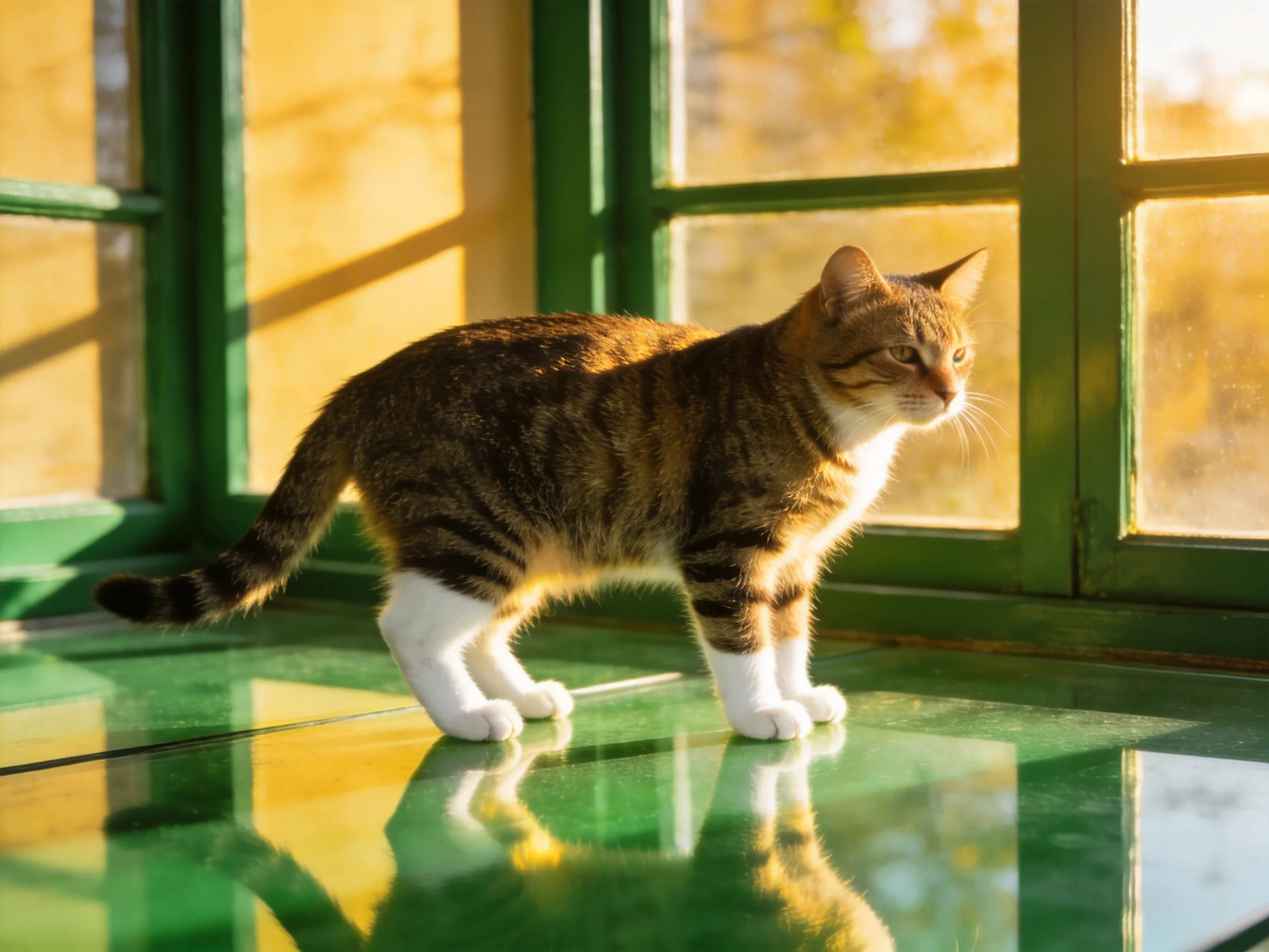 A brown and white tabby cat on a glossy green surface by green-framed windows