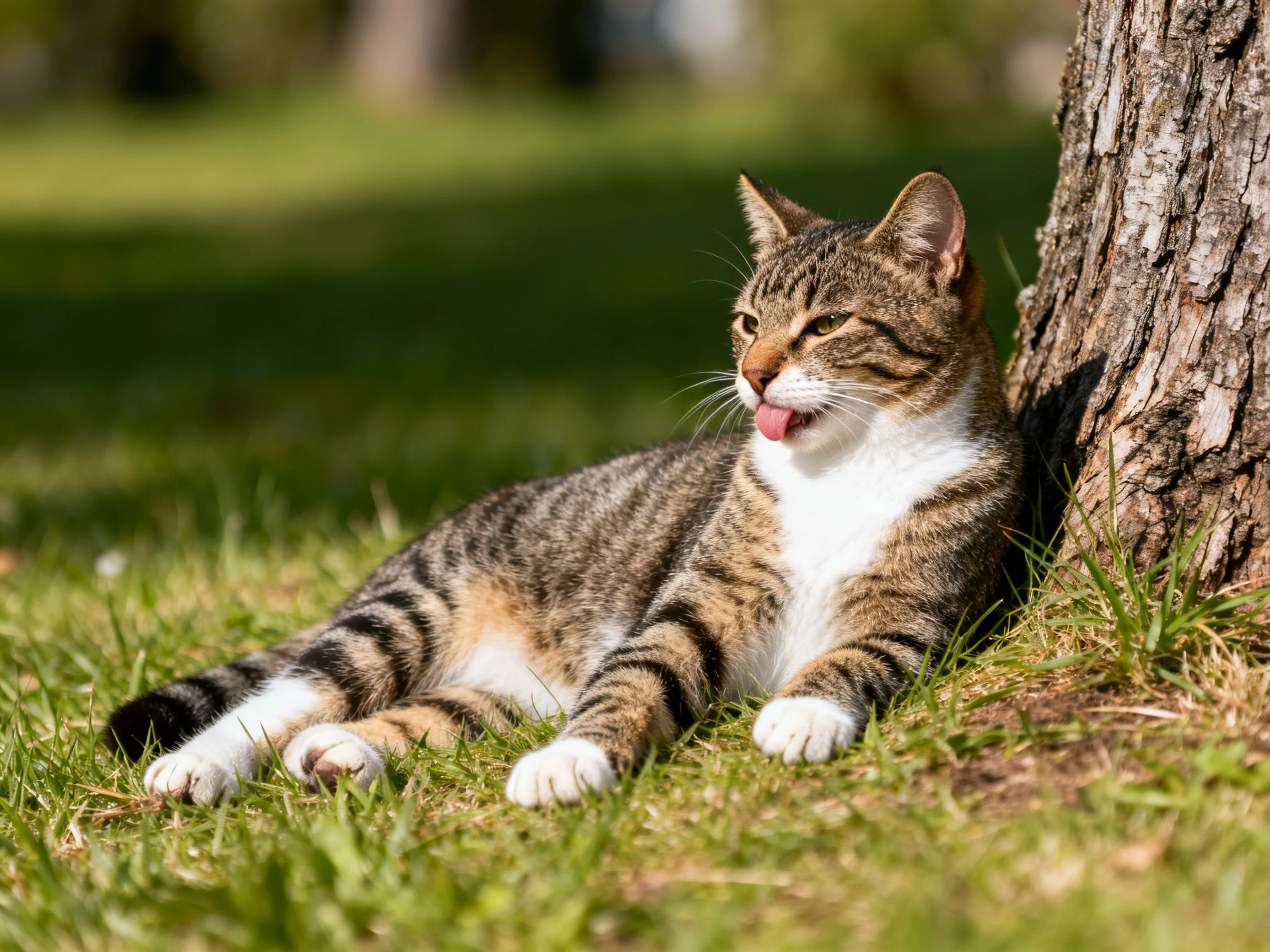 A brown and white tabby cat relaxes beside a tree on grass