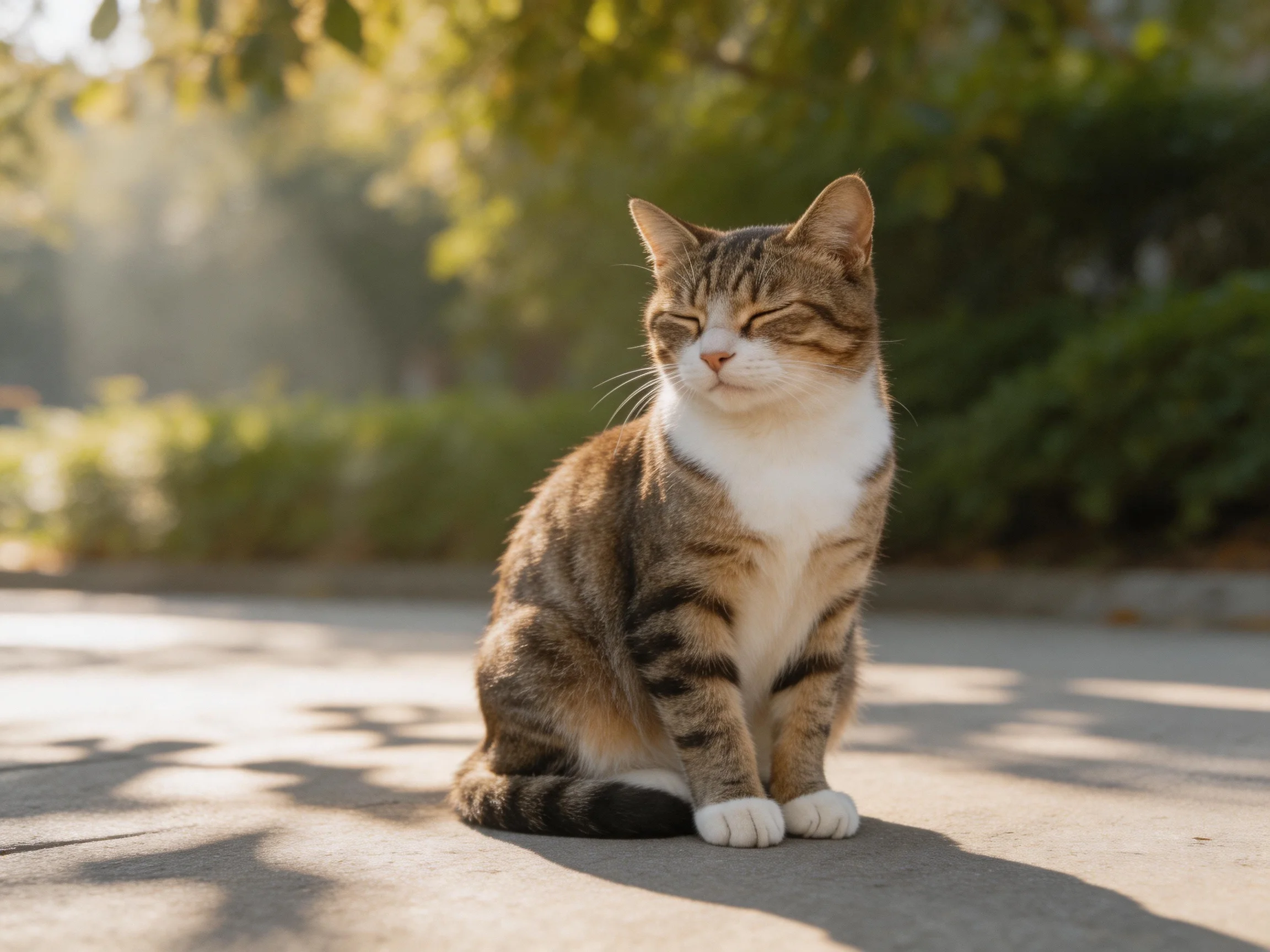A brown and white tabby cat relaxes on a sunlit pavement near greenery.