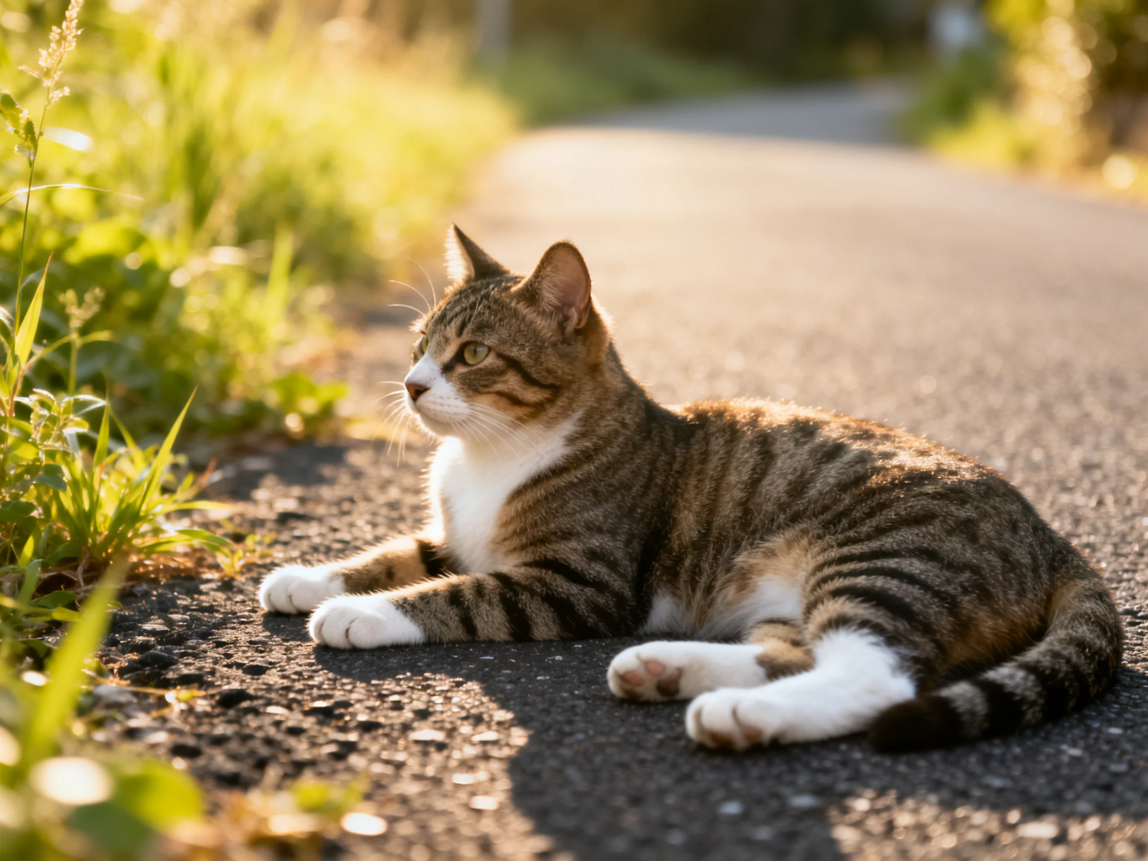 A brown and white tabby cat relaxes on a sunlit paved area near greenery.