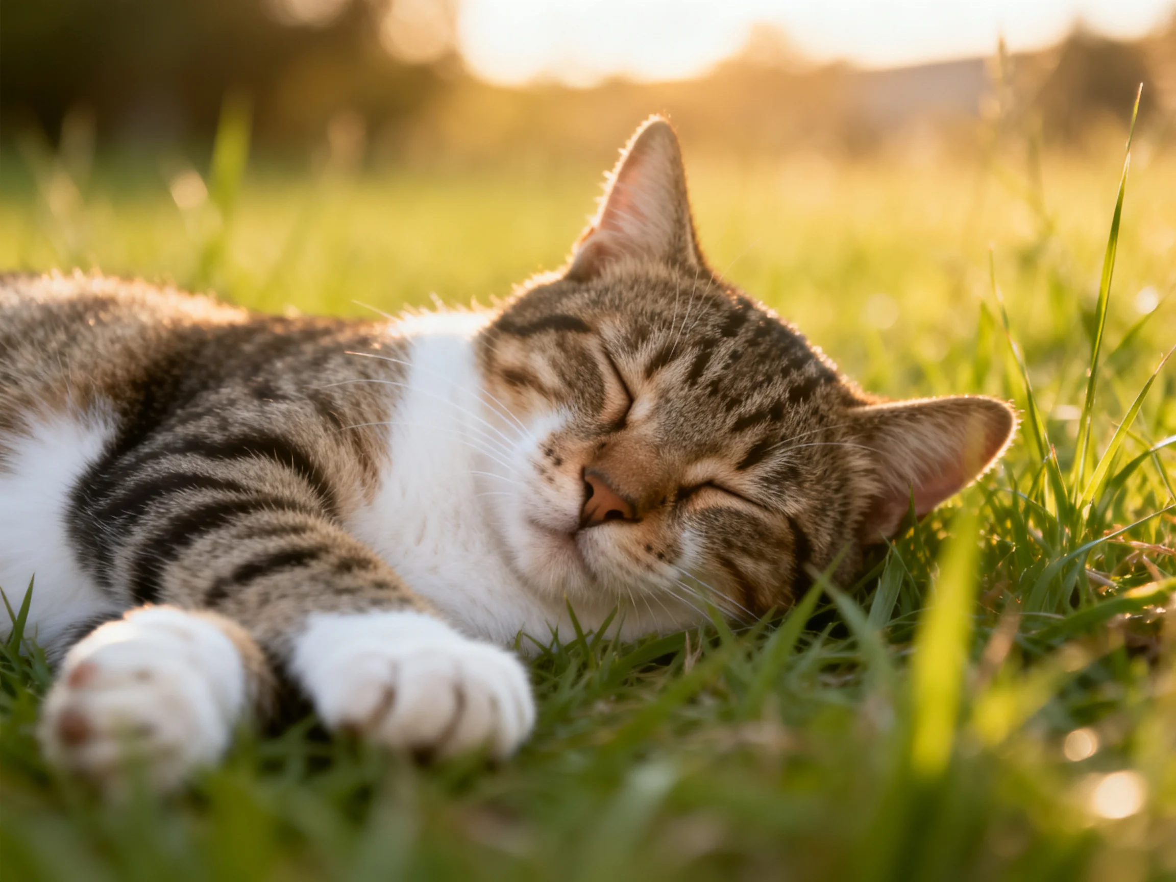 A brown and white tabby cat sleeps peacefully on sunlit grass.