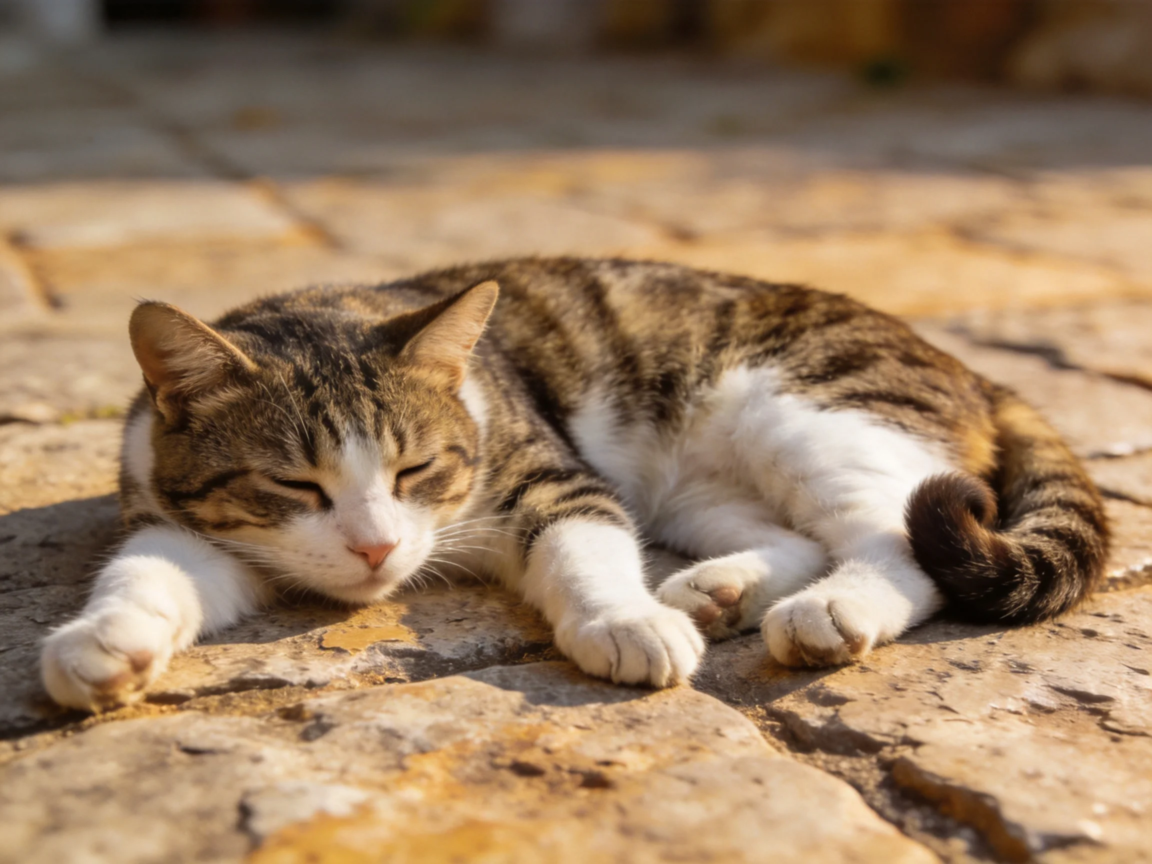 A brown and white tabby cat rests on stone pavement in sunlight.