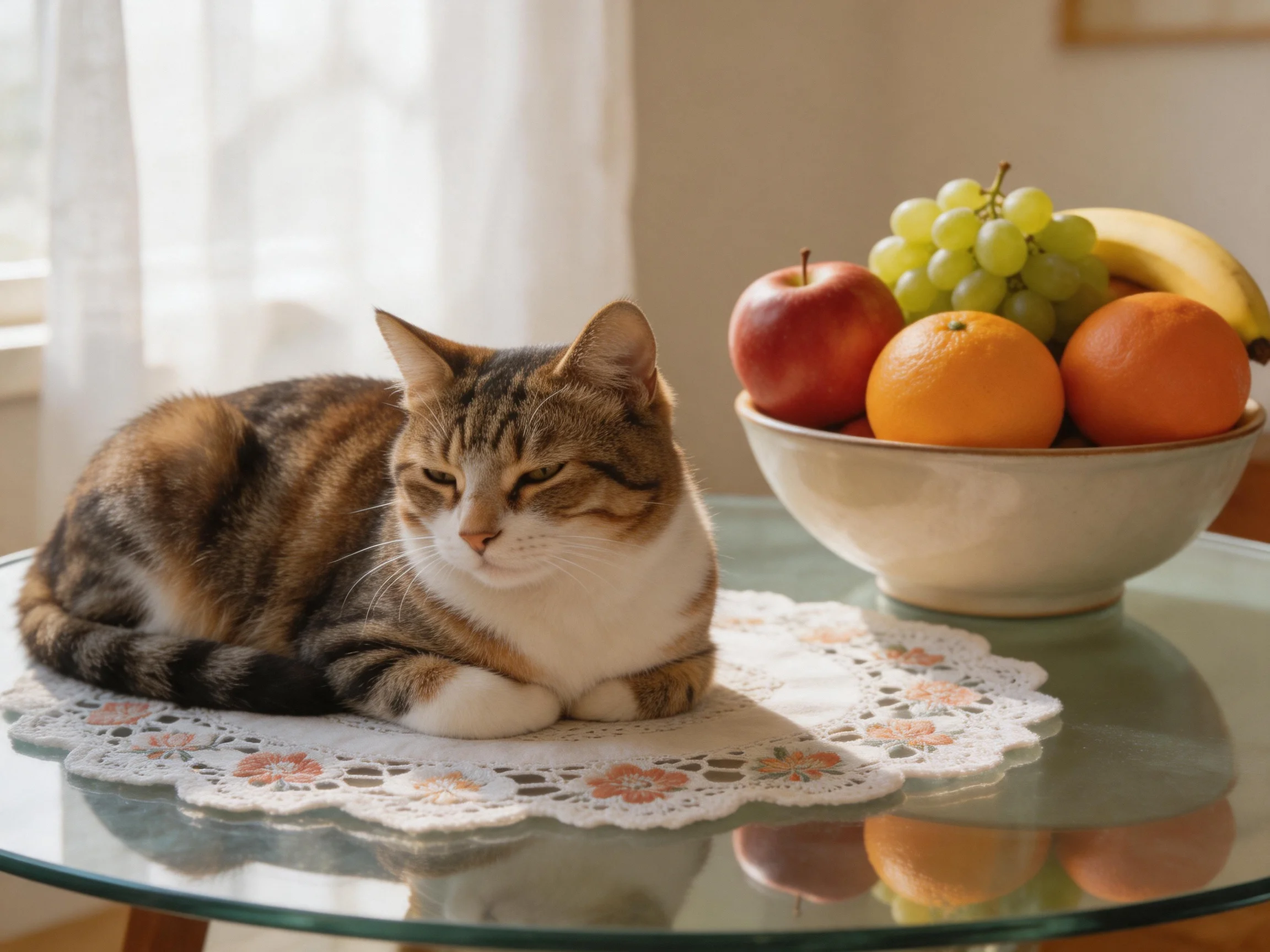 A tabby cat relaxes next to a fruit bowl filled with assorted fruits.