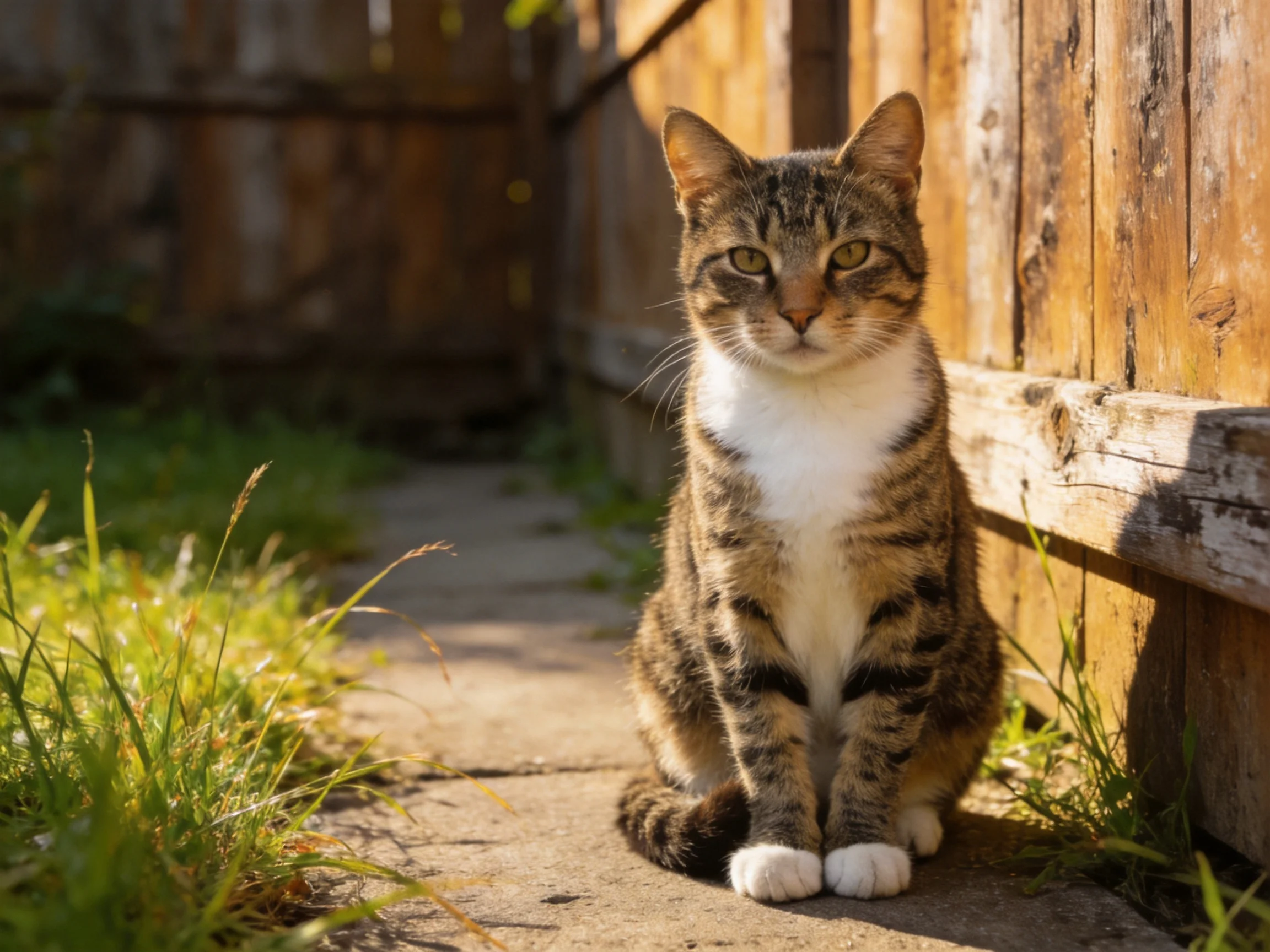 A brown and white tabby cat sits near an aged wooden fence.