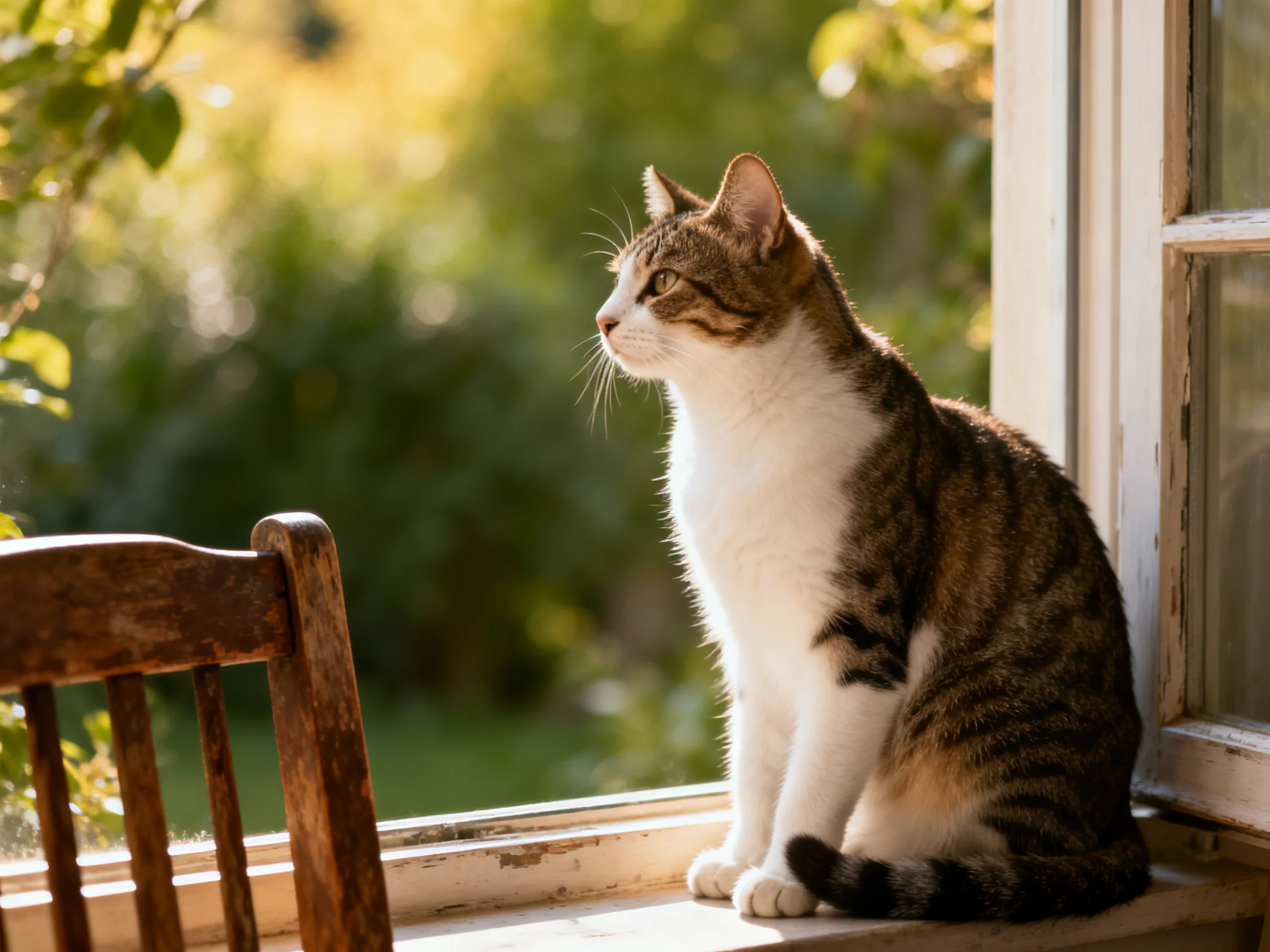 A brown-and-white tabby cat sits on a windowsill with greenery in the background.