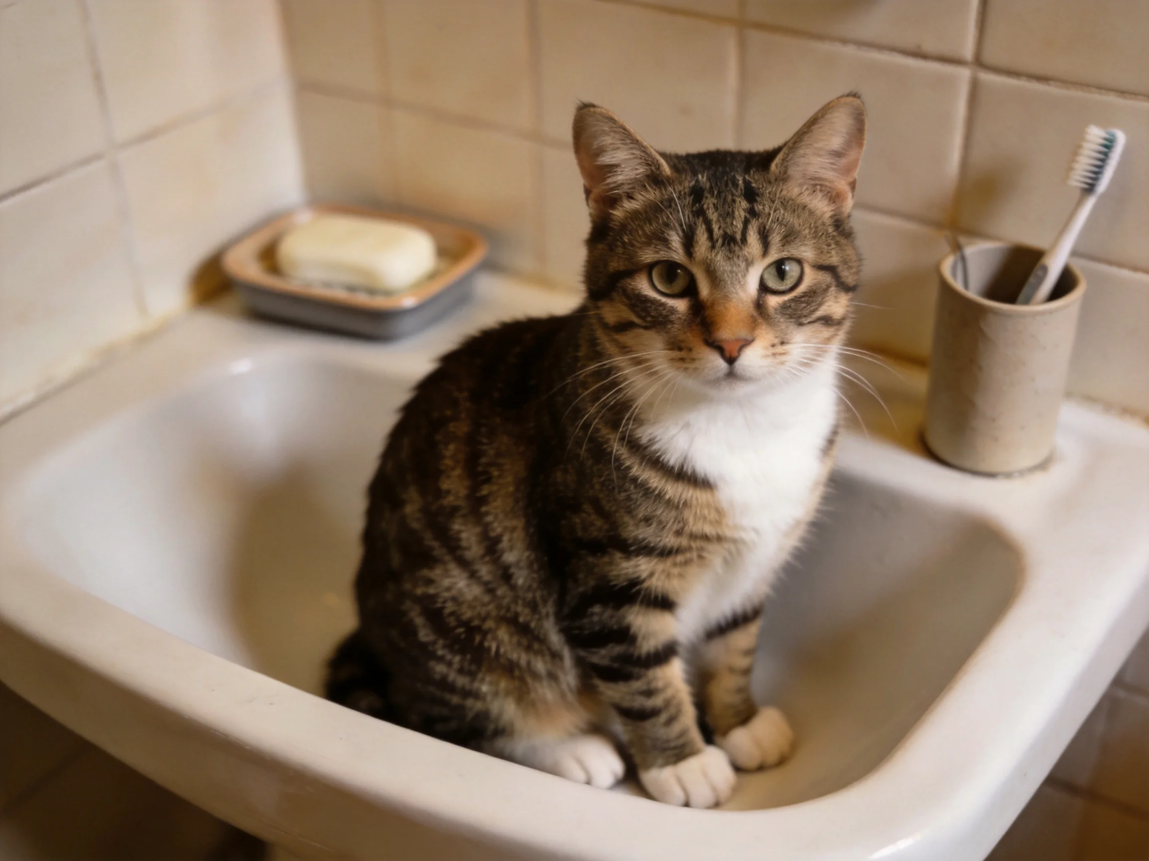 A tabby cat sits in a white bathroom sink near standard bathroom items