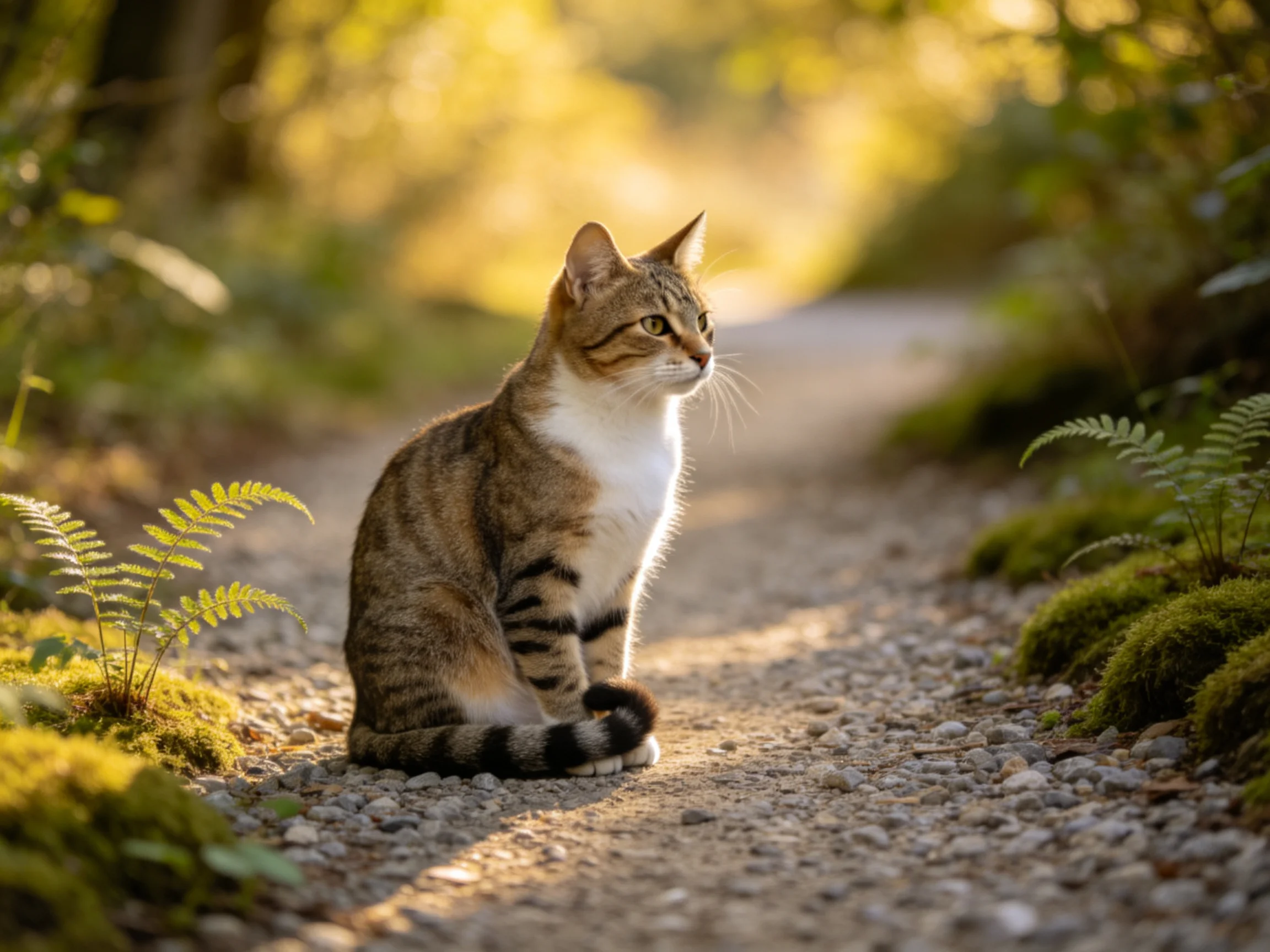 A tabby cat sits on a sunlit gravel path amid forest vegetation.