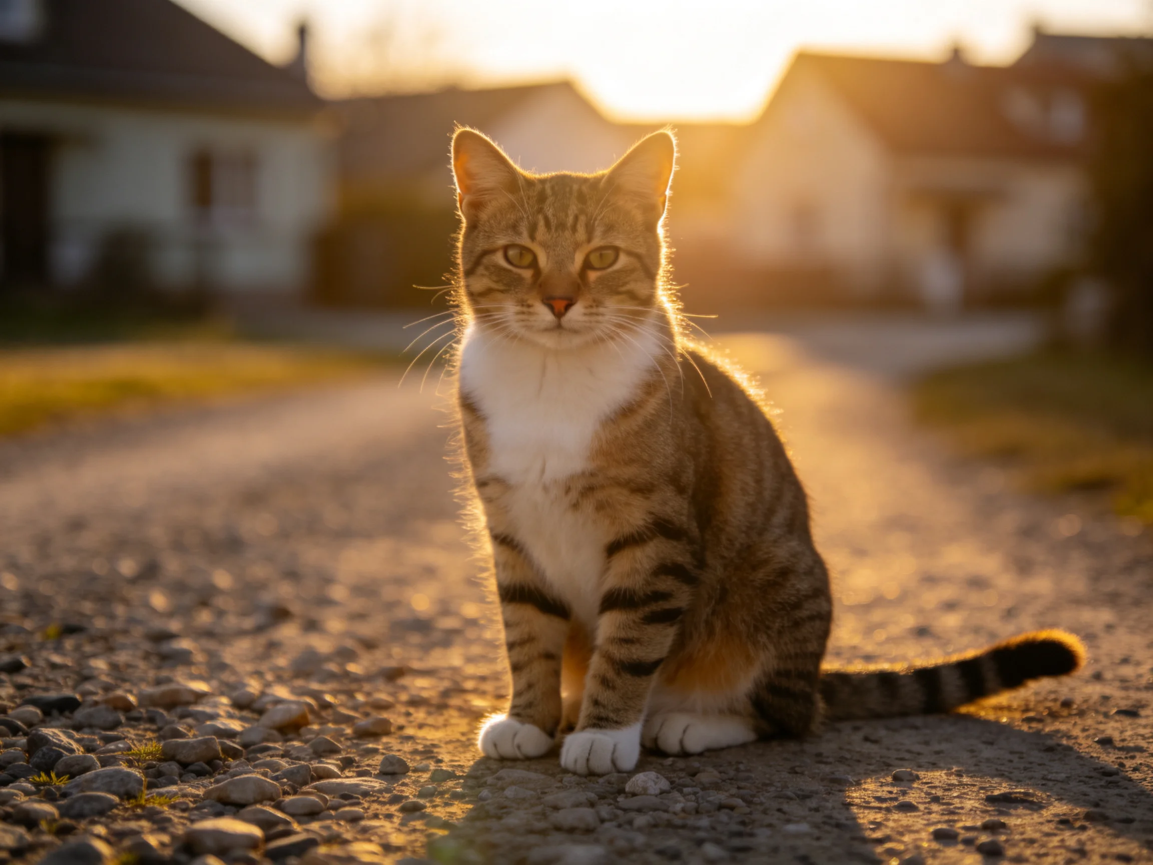 A tabby cat sits on a sunlit gravel road with houses in the background