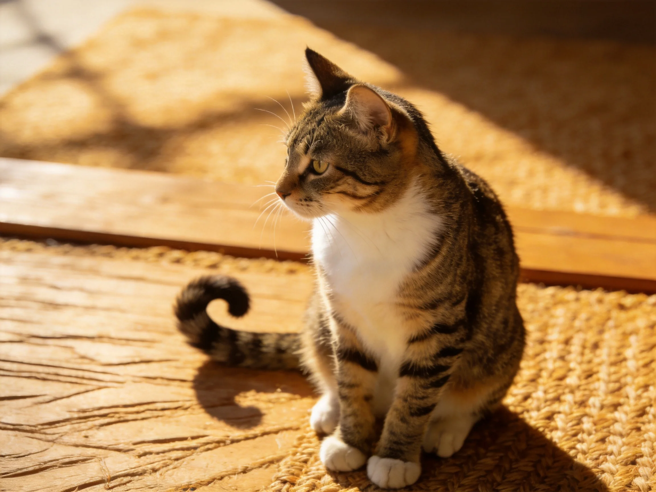 A brown and white tabby cat sits on a woven mat in sunlight.
