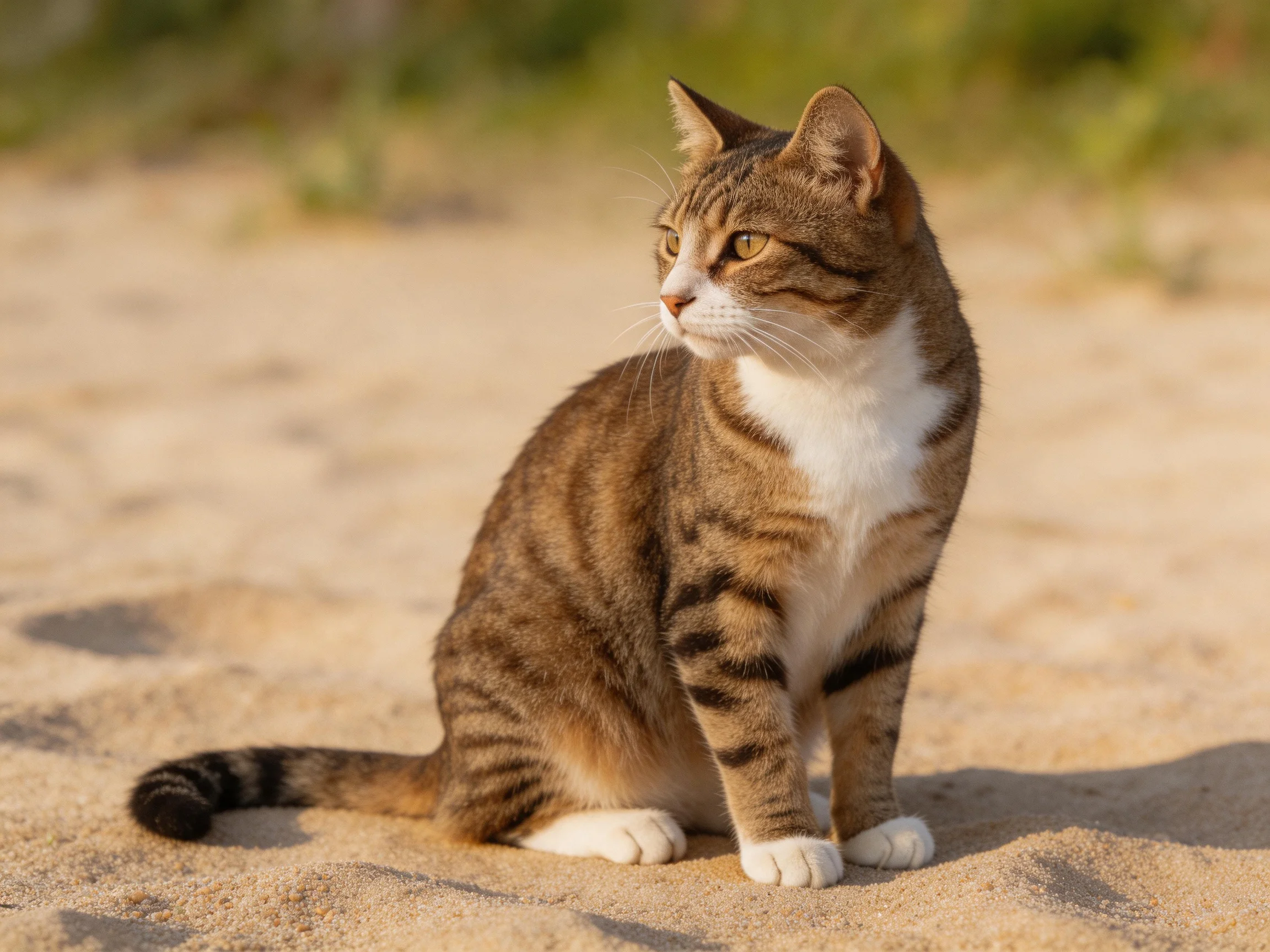 A brown and white tabby cat sits attentively on sandy ground.