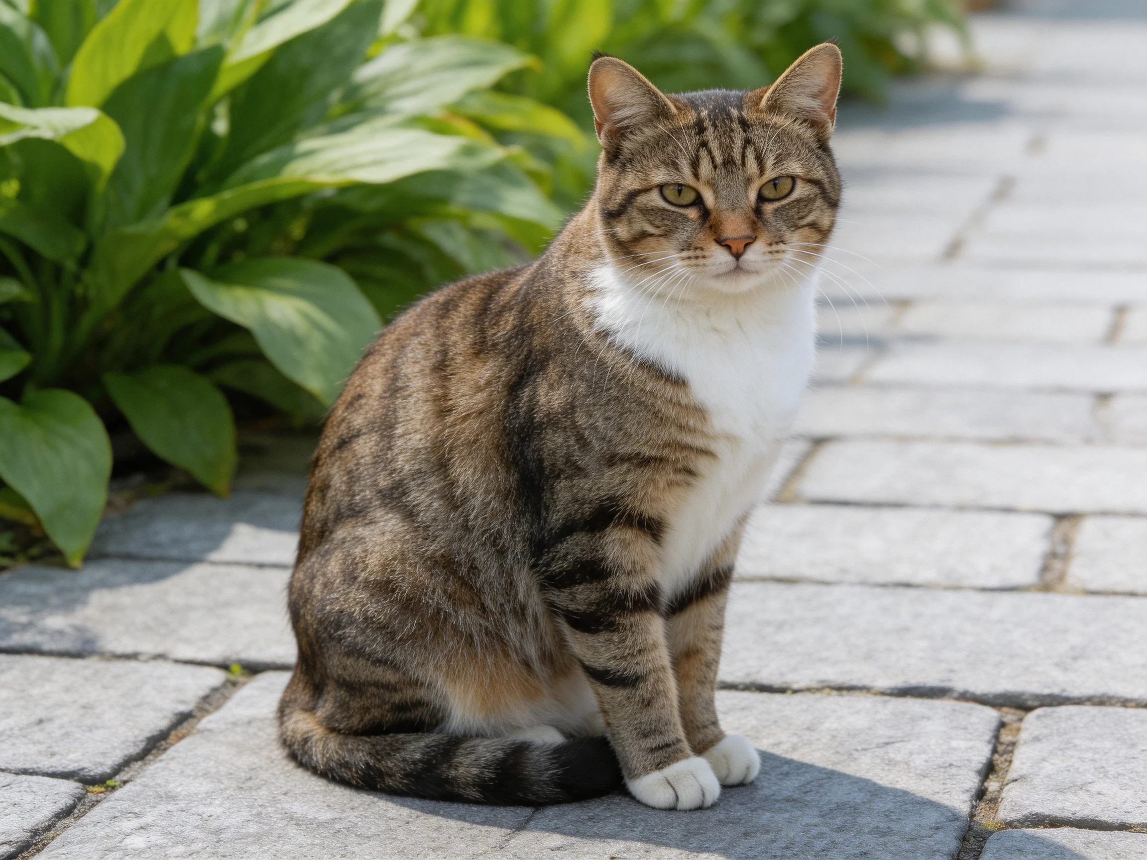 A brown and white tabby cat sits on stone pavement in an outdoor setting.