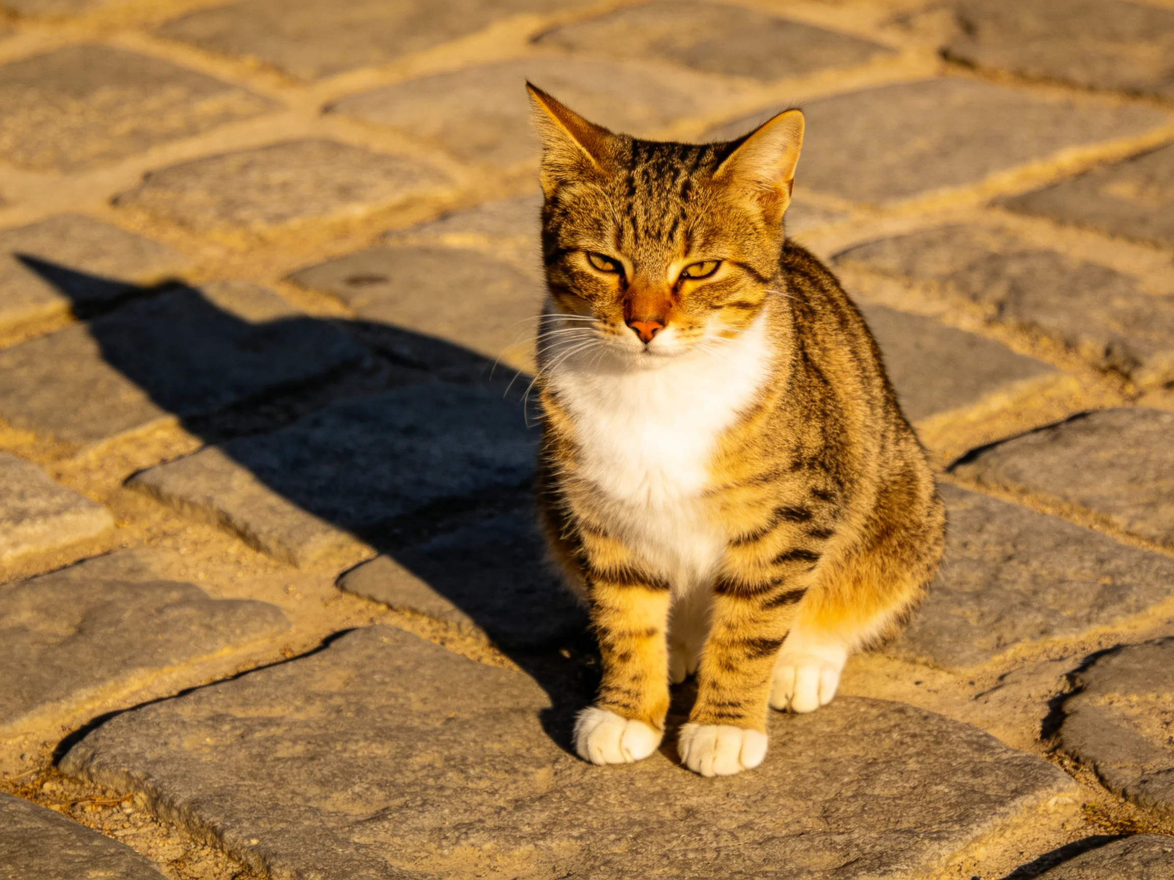 A brown and white tabby cat sittingon textured stone pavement