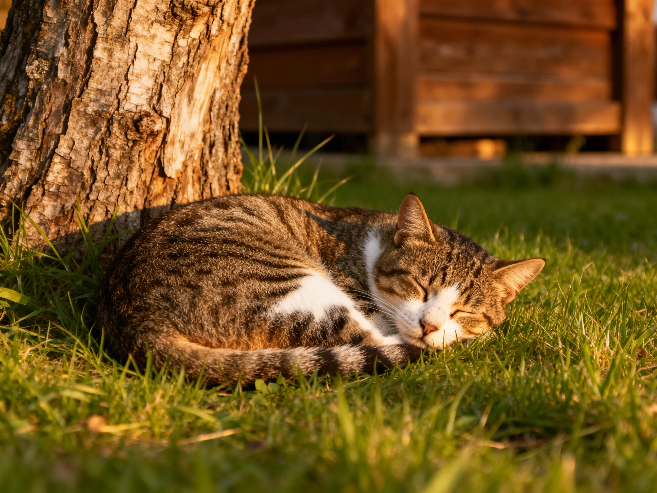 A brown and white tabby cat sleeps near a tree trunk on lush grass