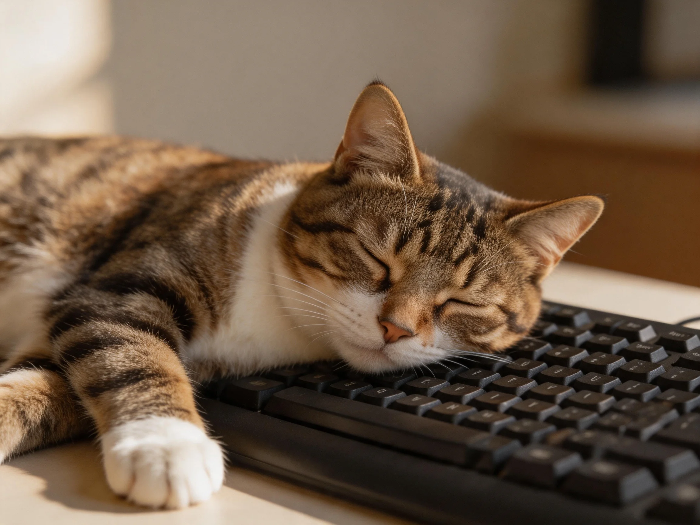 A brown and white tabby cat sleeps on a black keyboard