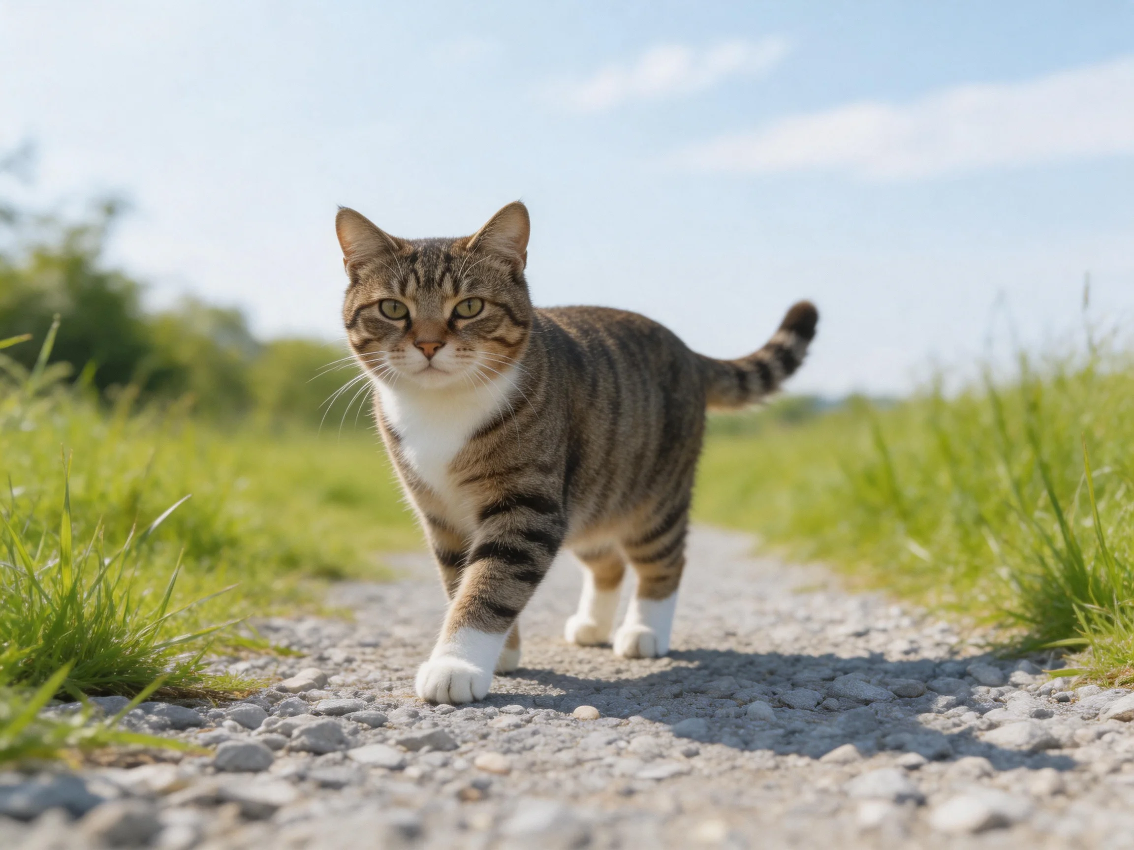 A brown and white tabby cat strolling on a gravel path surrounded by tall green grass