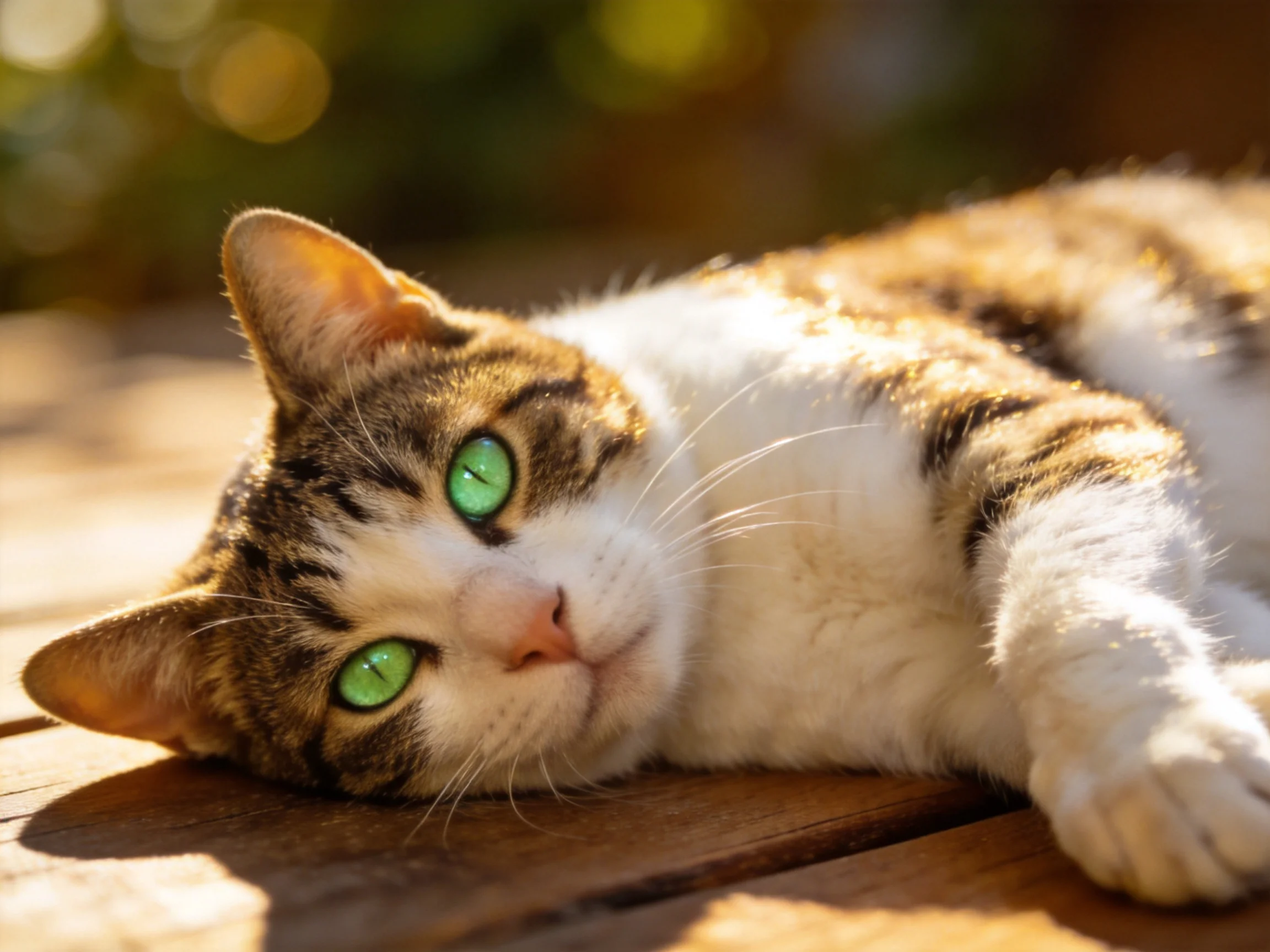 A brown and white tabby cat with bright green eyes lounges on a wooden surface in sunlight.