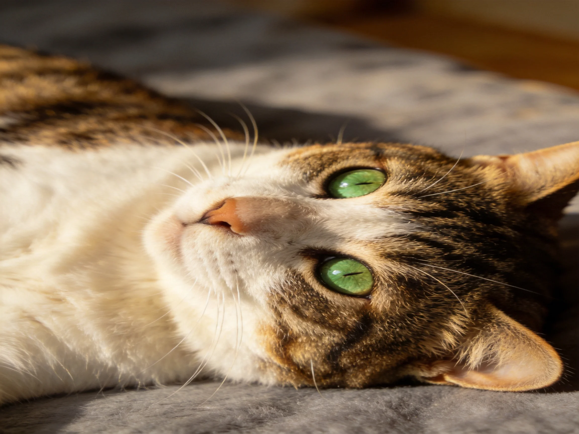 A tabby cat with green eyes relaxes on a gray surface.