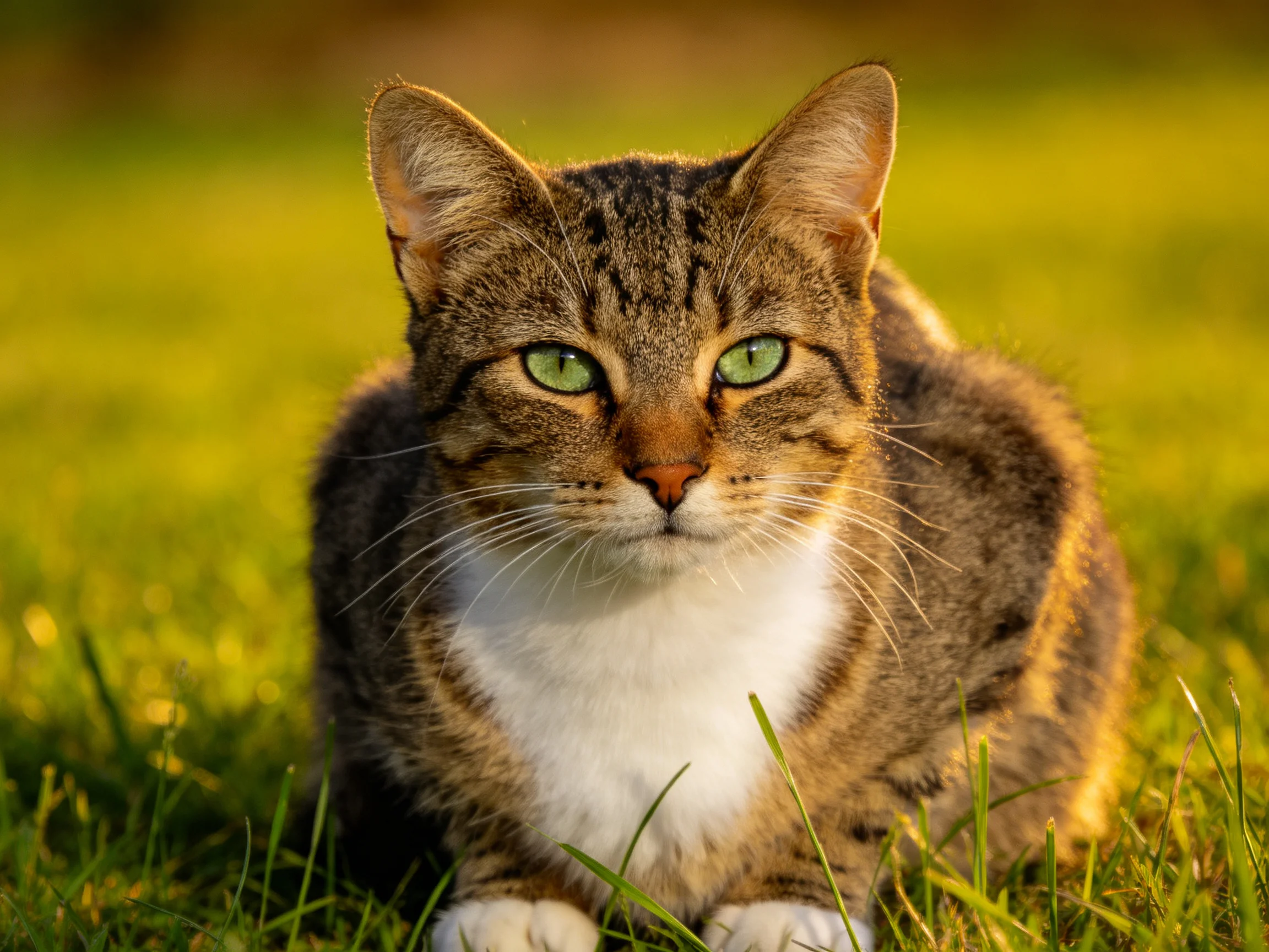 A tabby cat with green eyes rests on grass in a sunlit outdoor setting.
