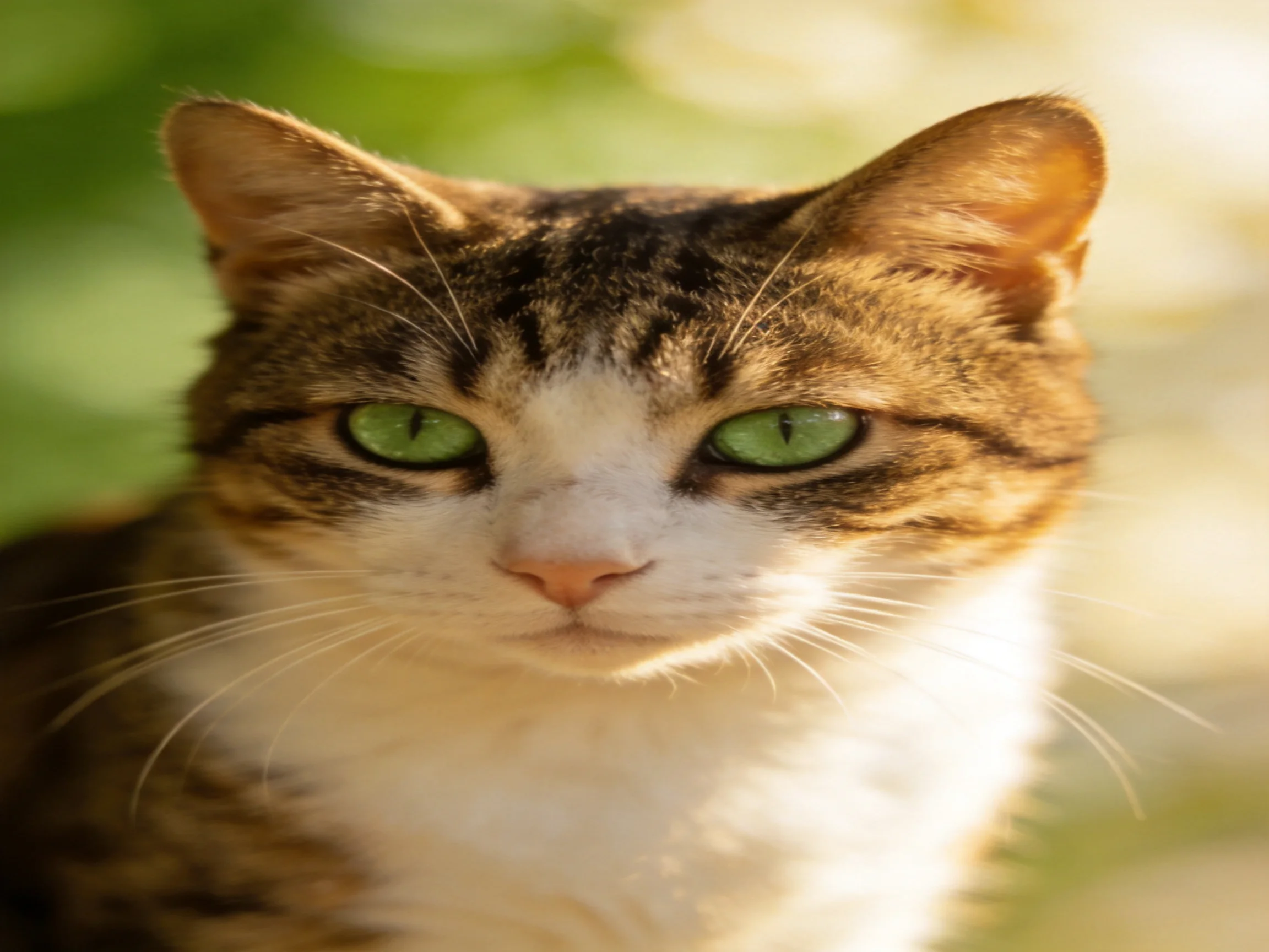 A brown and white tabby cat with green eyes gazes calmly.