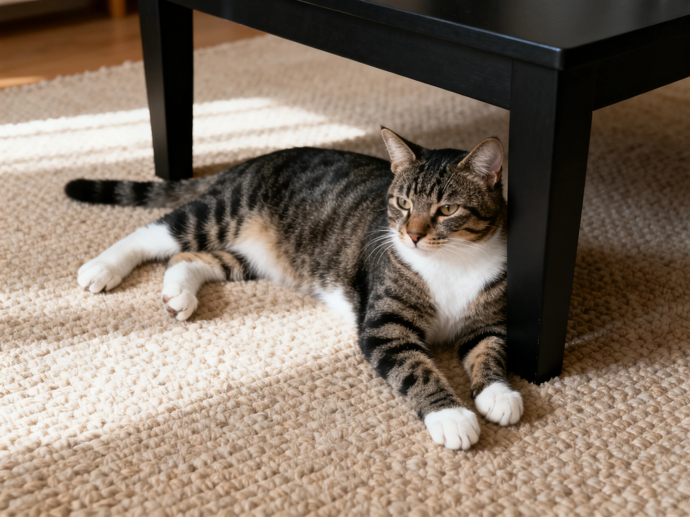 A brown and white tabby cat with white paws lies under a black table on a beige carpet.