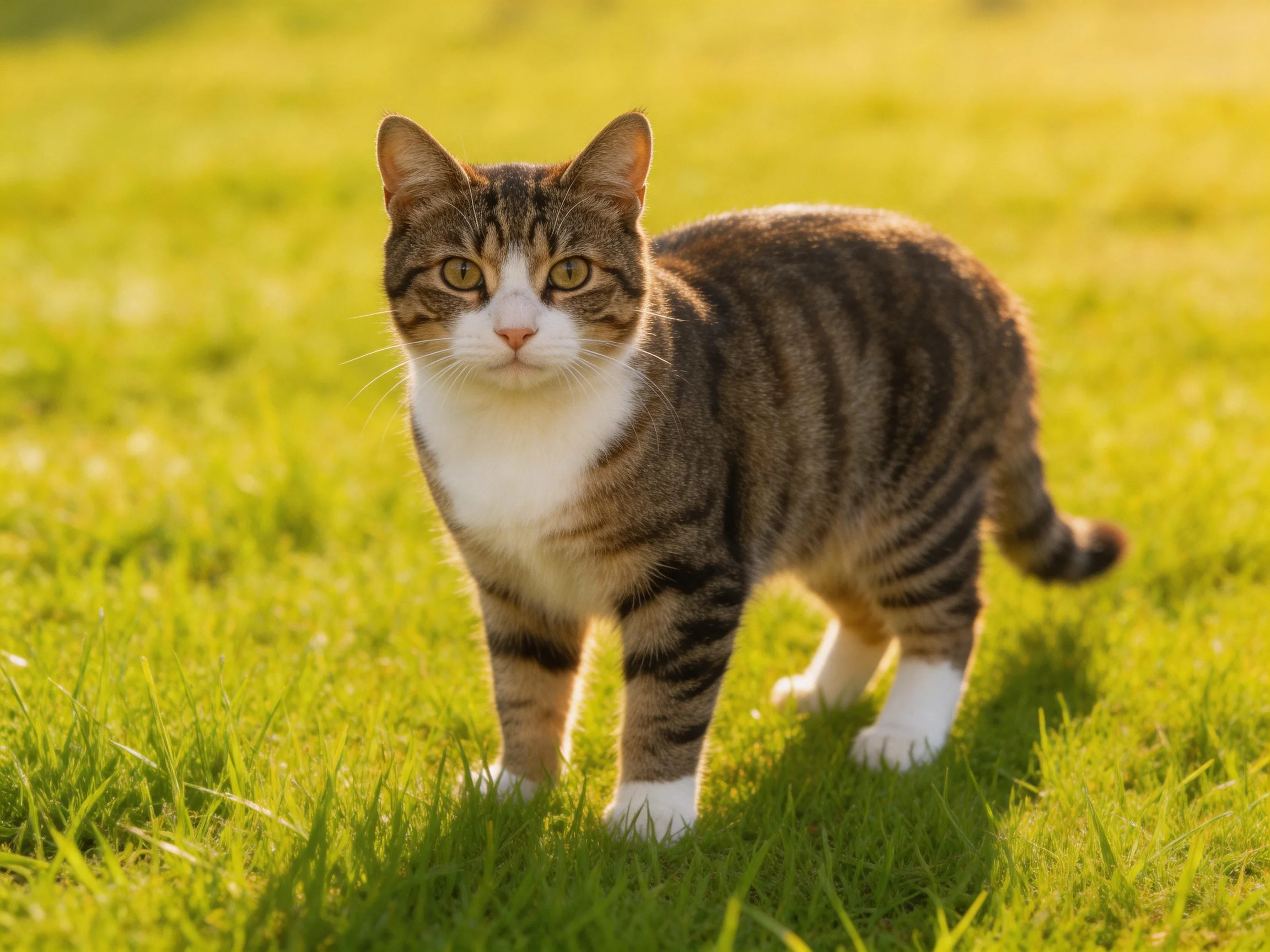 A tabby cat with white markings stands in a sunlit grassy field.