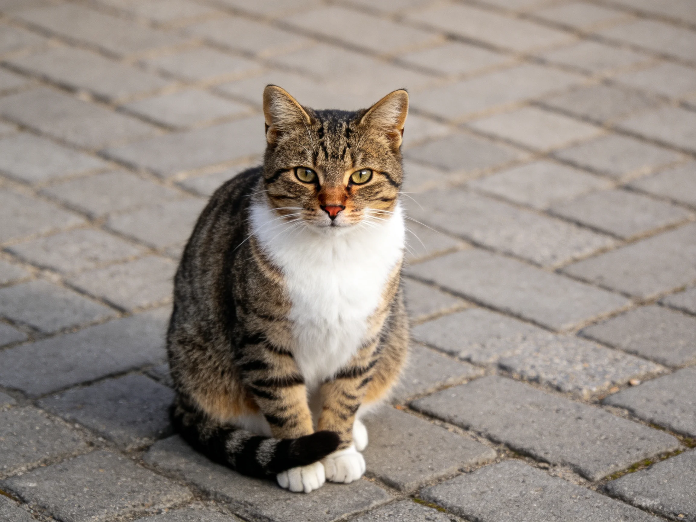 A tabby cat with a white chest sits on gray brick pavement.