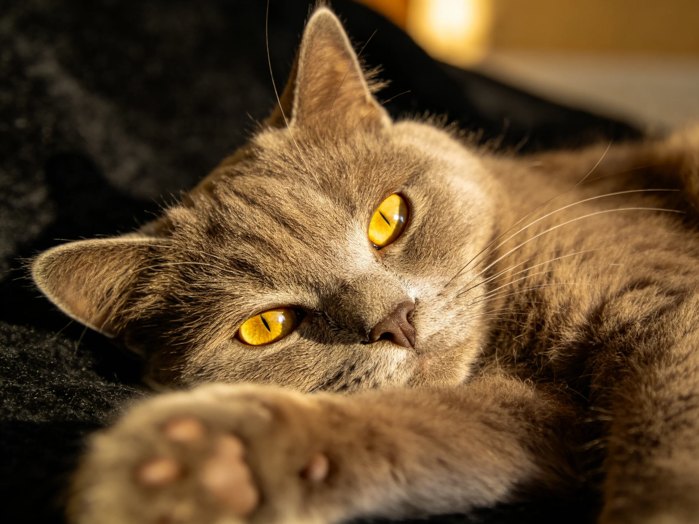 A brown cat with yellow eyes relaxes on a dark surface.