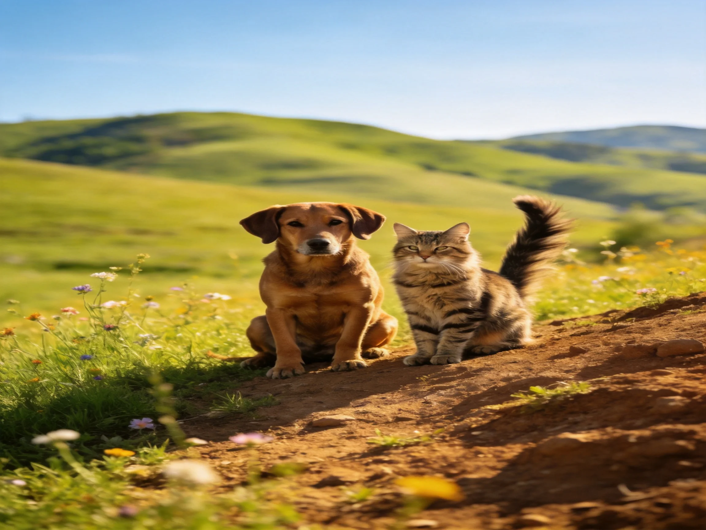 A dog and cat rest together on a dirt path in a sunlit meadow.