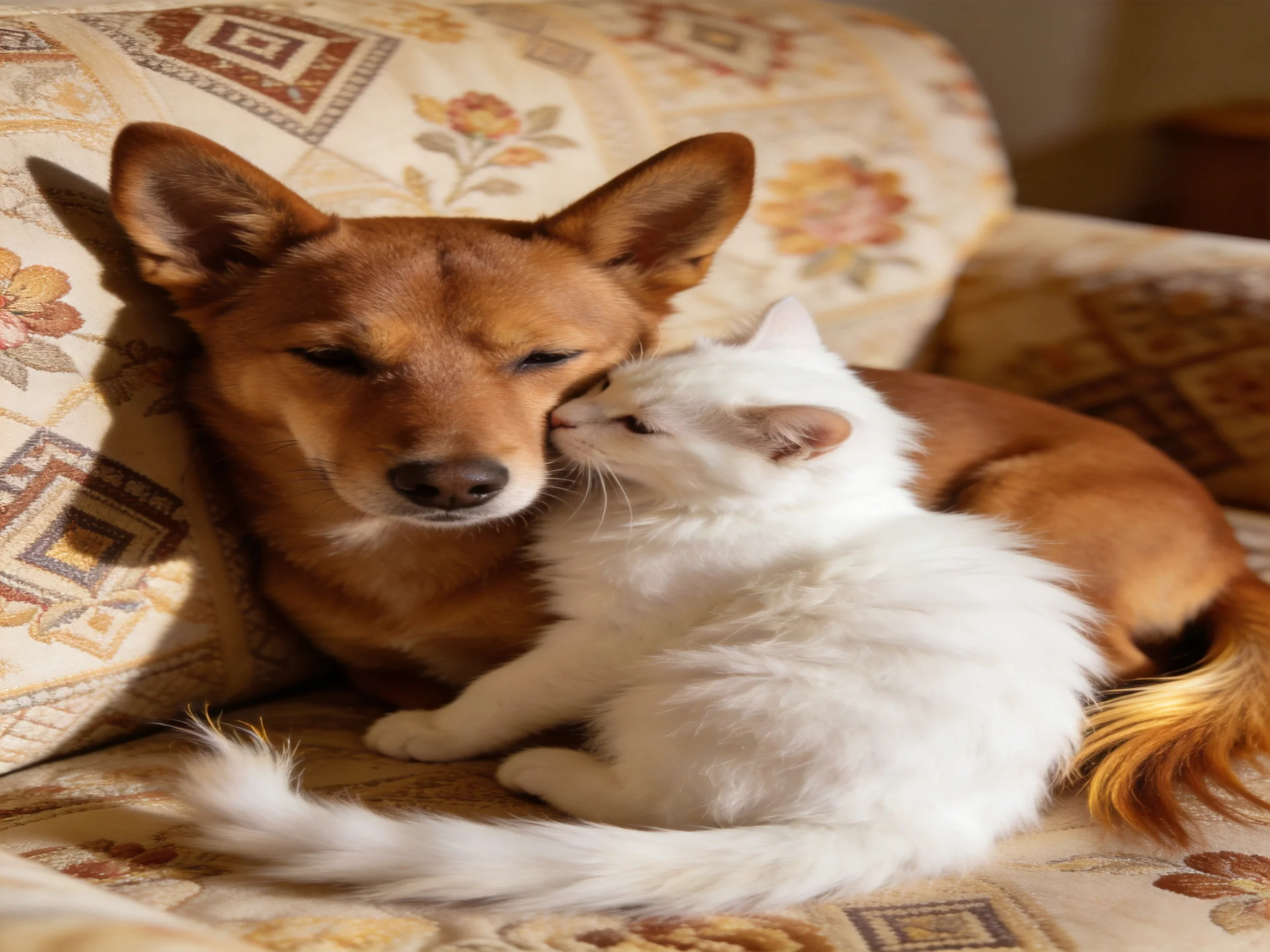 A brown dog and white cat cuddle on a patterned floral couch
