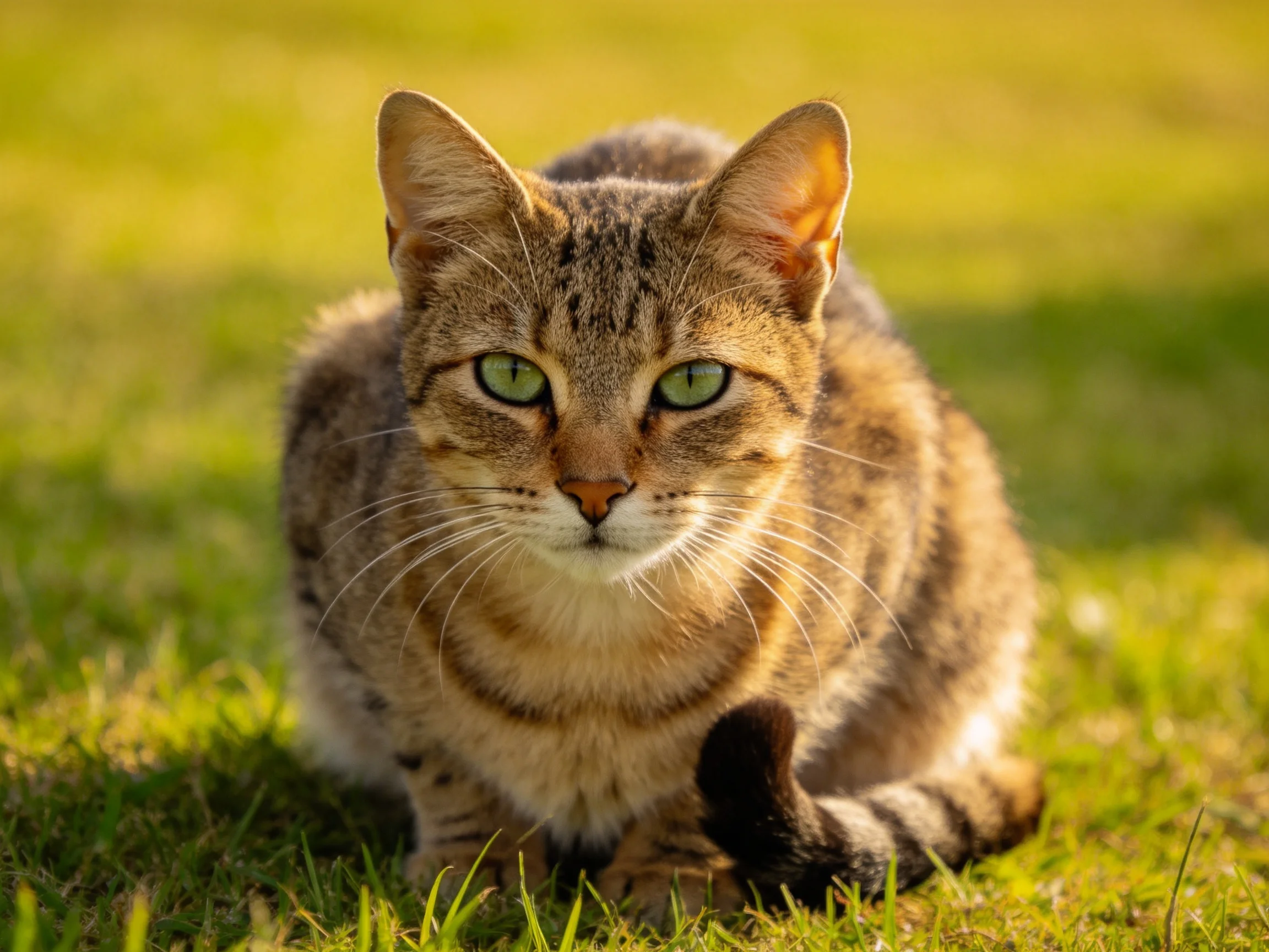 A brown-spotted tabby cat resting on sunlit green grass