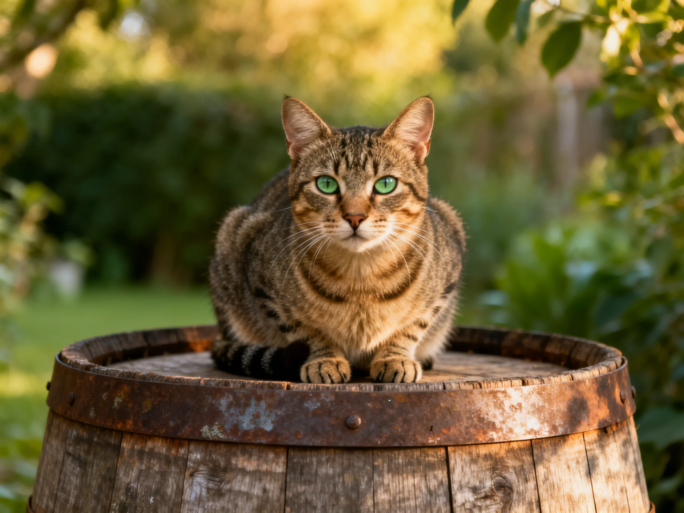A tabby cat with green eyes rests on a rustic wooden barrel in a sunlit garden
