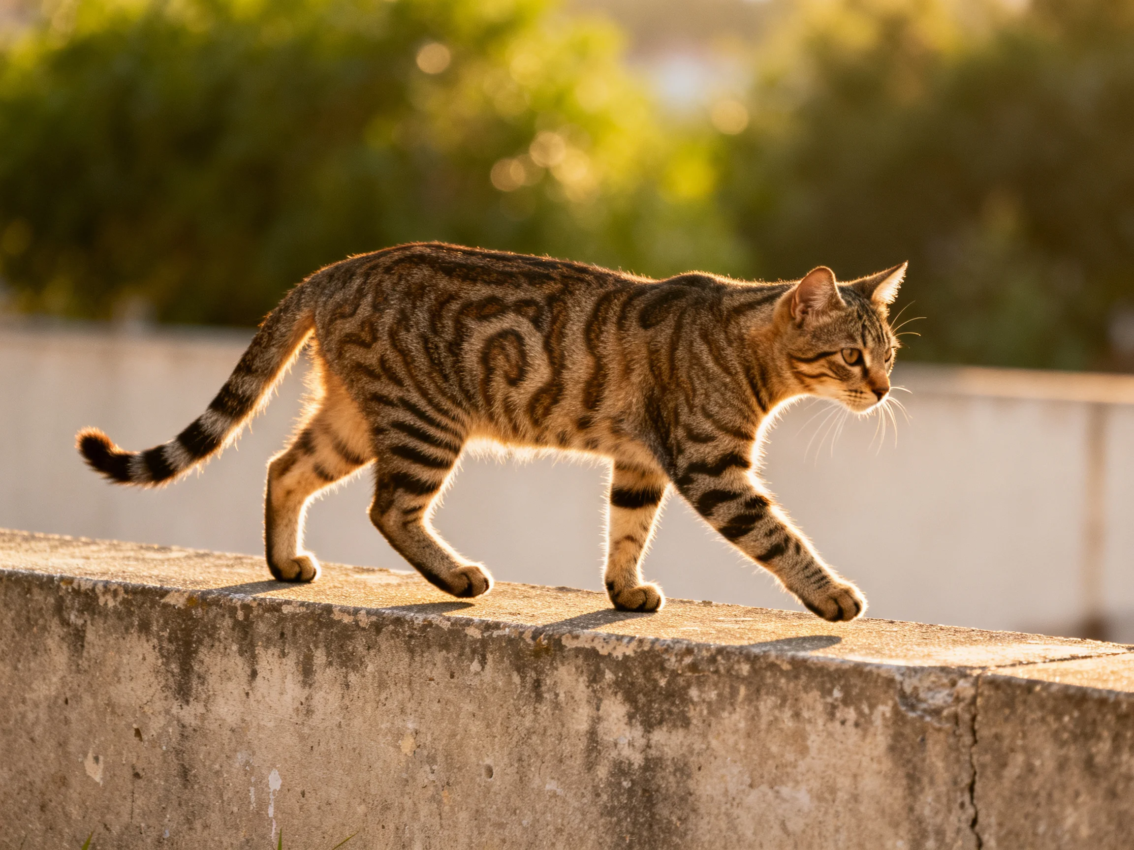 A brown-spotted tabby cat walks along a weathered concrete ledge in an outdoor setting.