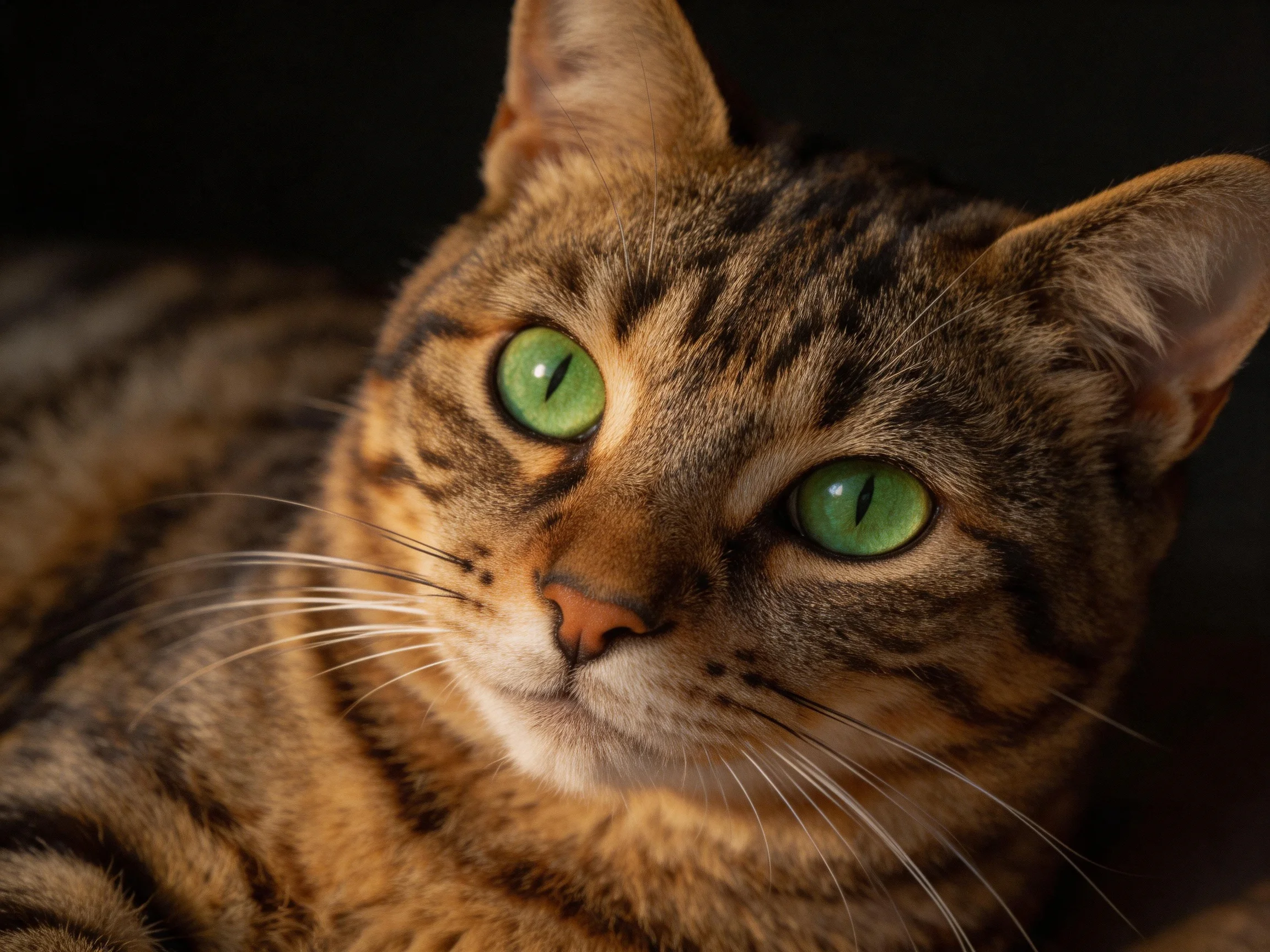 A brown-spotted tabby cat with bright green eyes gazes intently.