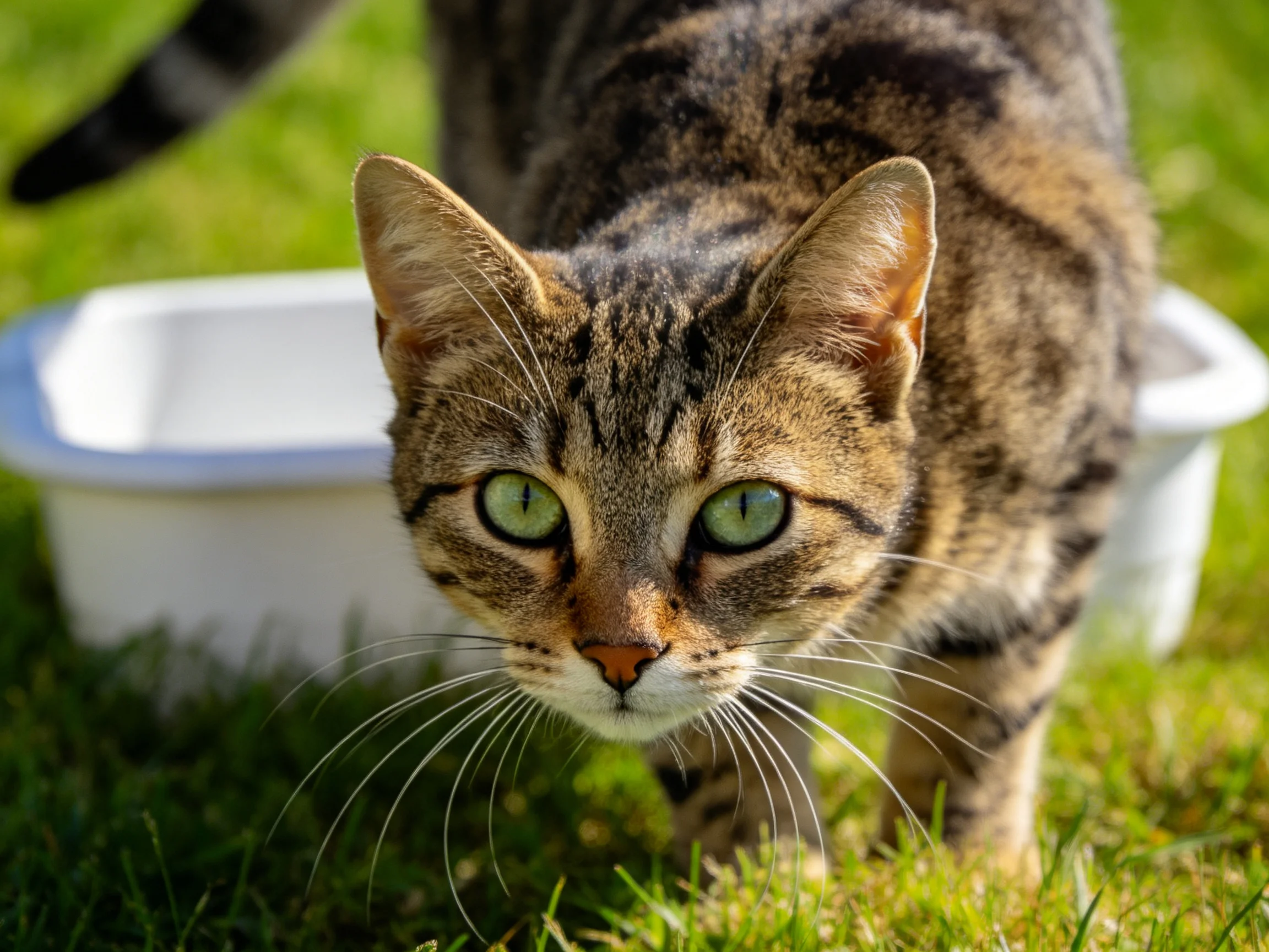 A tabby cat with green eyes stands on grass beside a white container.