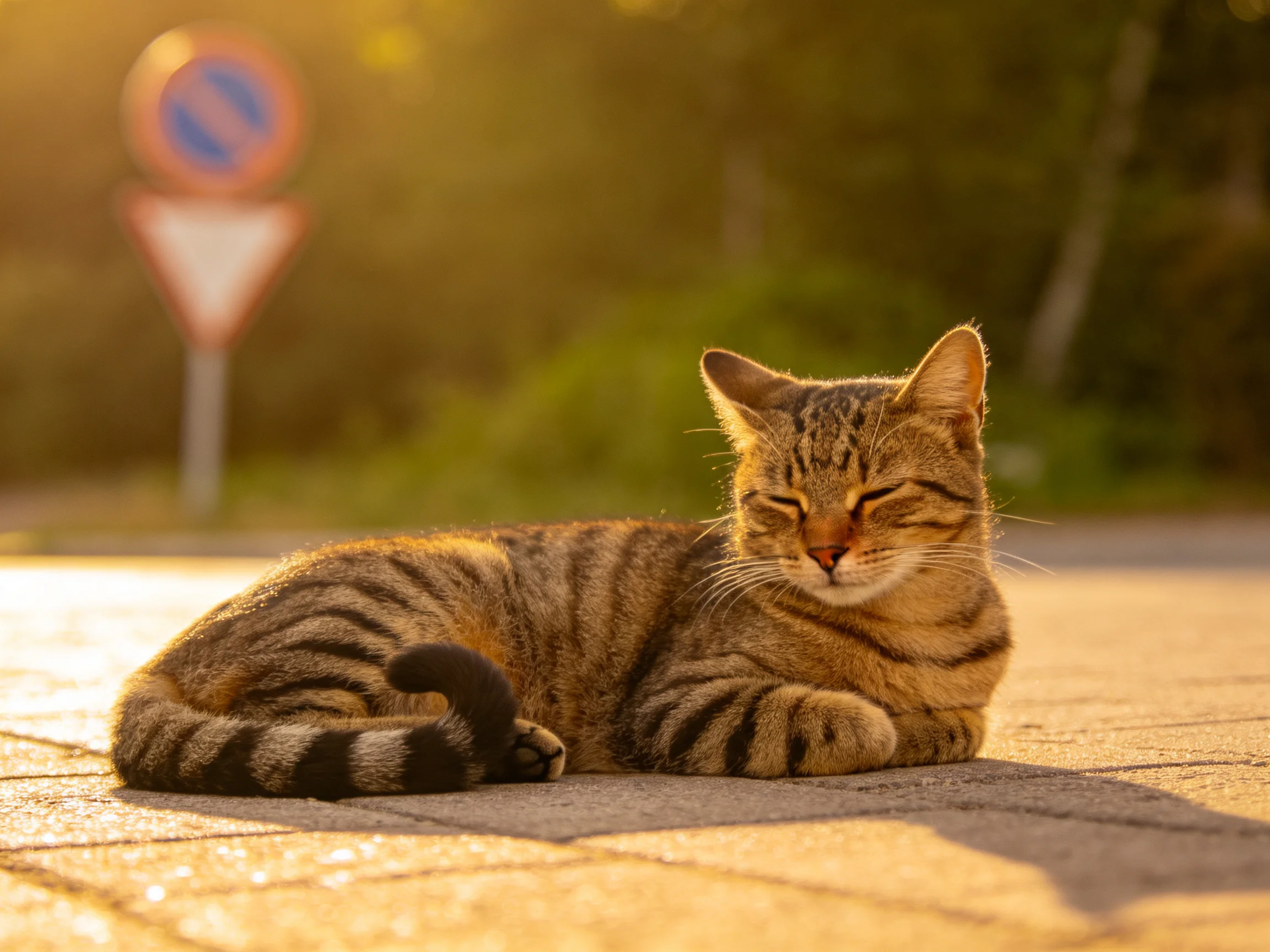A brown-striped cat relaxes on sunlit pavement near traffic signs