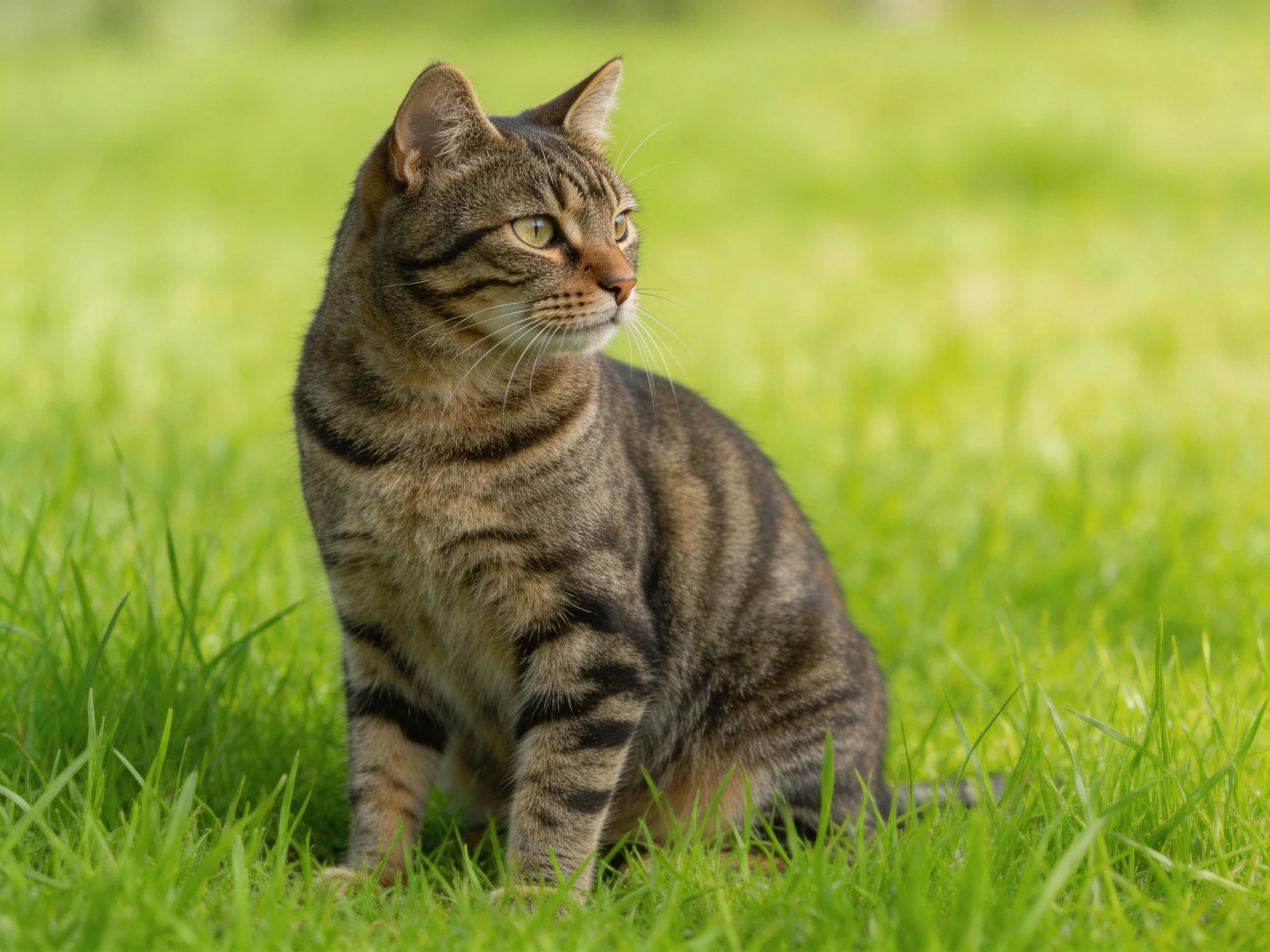 A brown-striped cat sits attentively in lush green grass