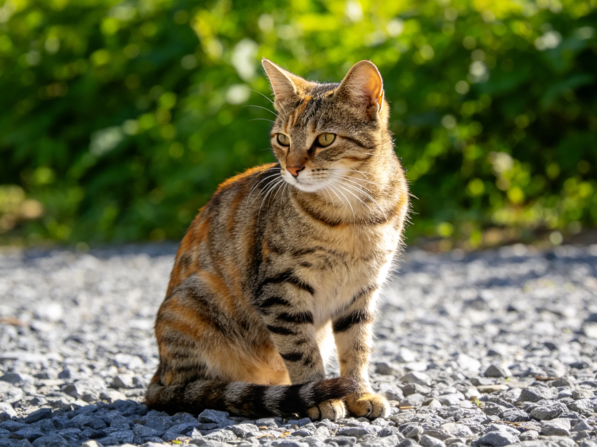 A brown-striped cat sits on gray gravel in a sunlit area with greenery.