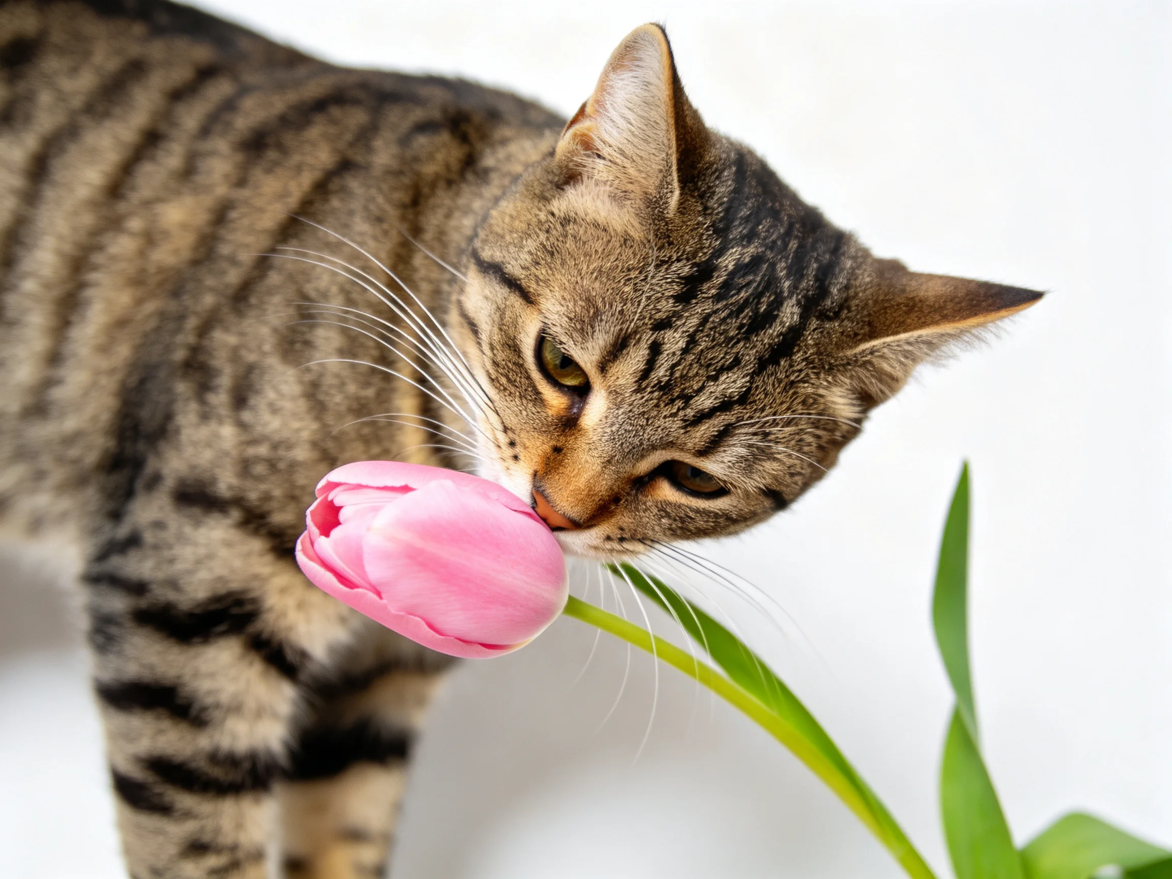 A brown-striped cat sniffs a bright pink tulip with green foliage