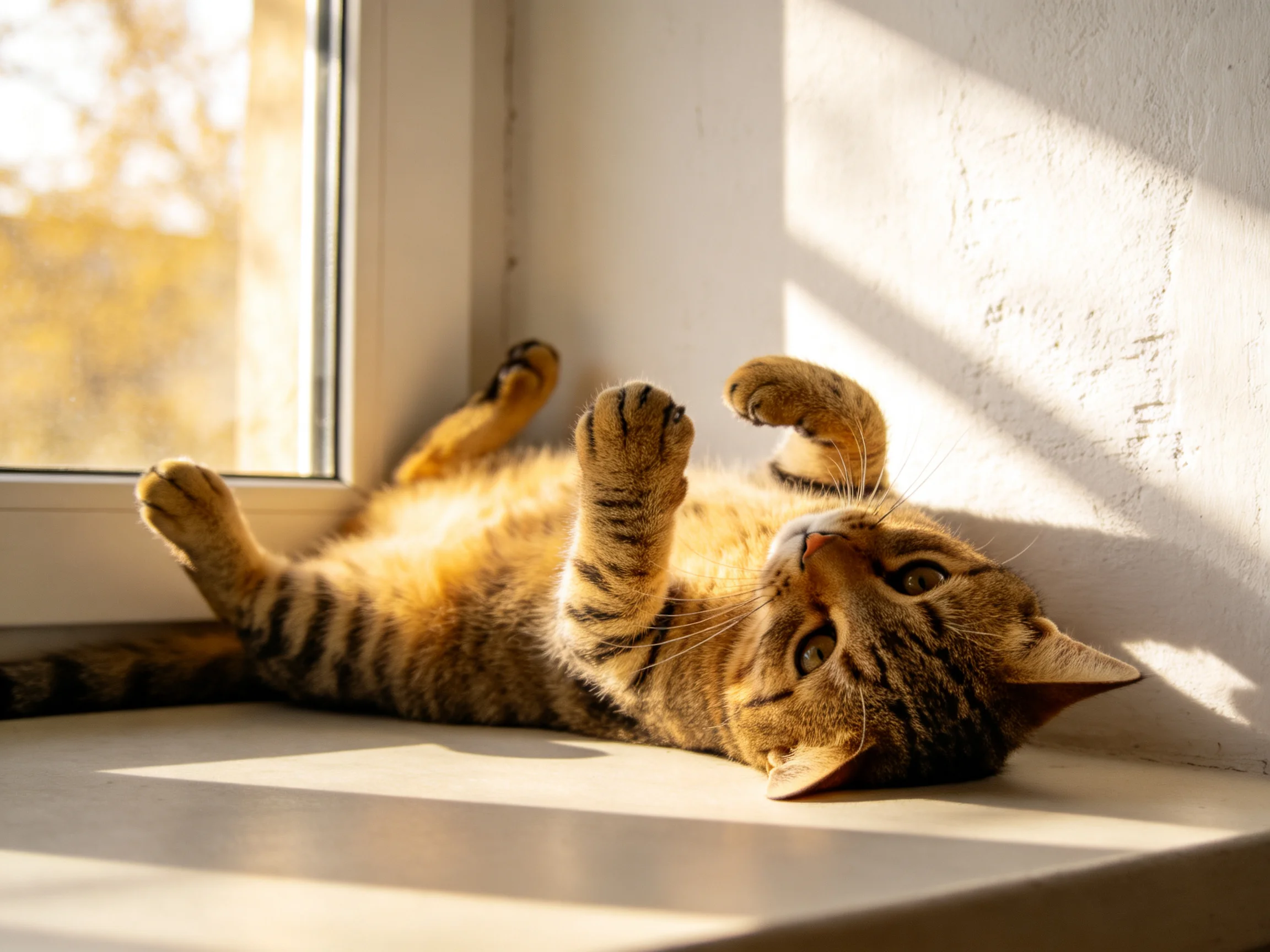 A brown-striped tabby cat lounges on a sunlit windowsill