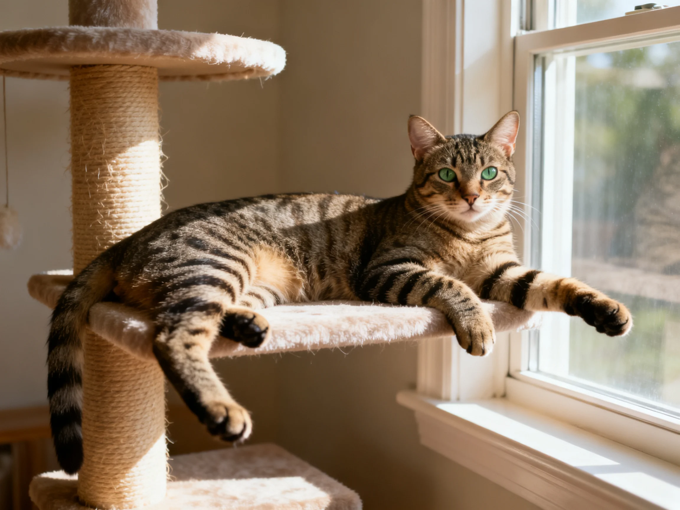 A brown-striped tabby cat relaxes on a beige cat tree by a sunlit window