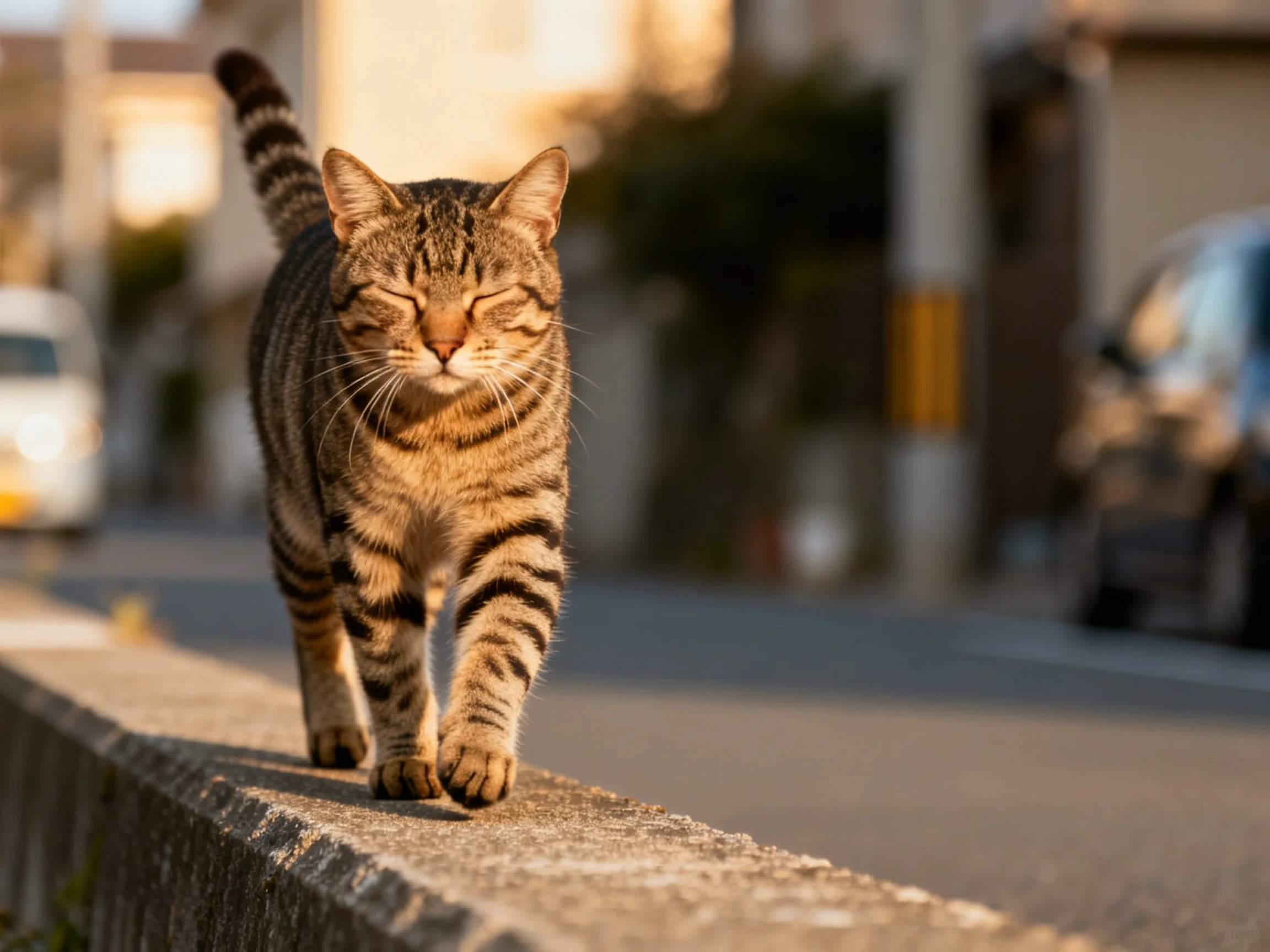 A brown-striped tabby cat walks along a concrete ledge on a sunlit street.